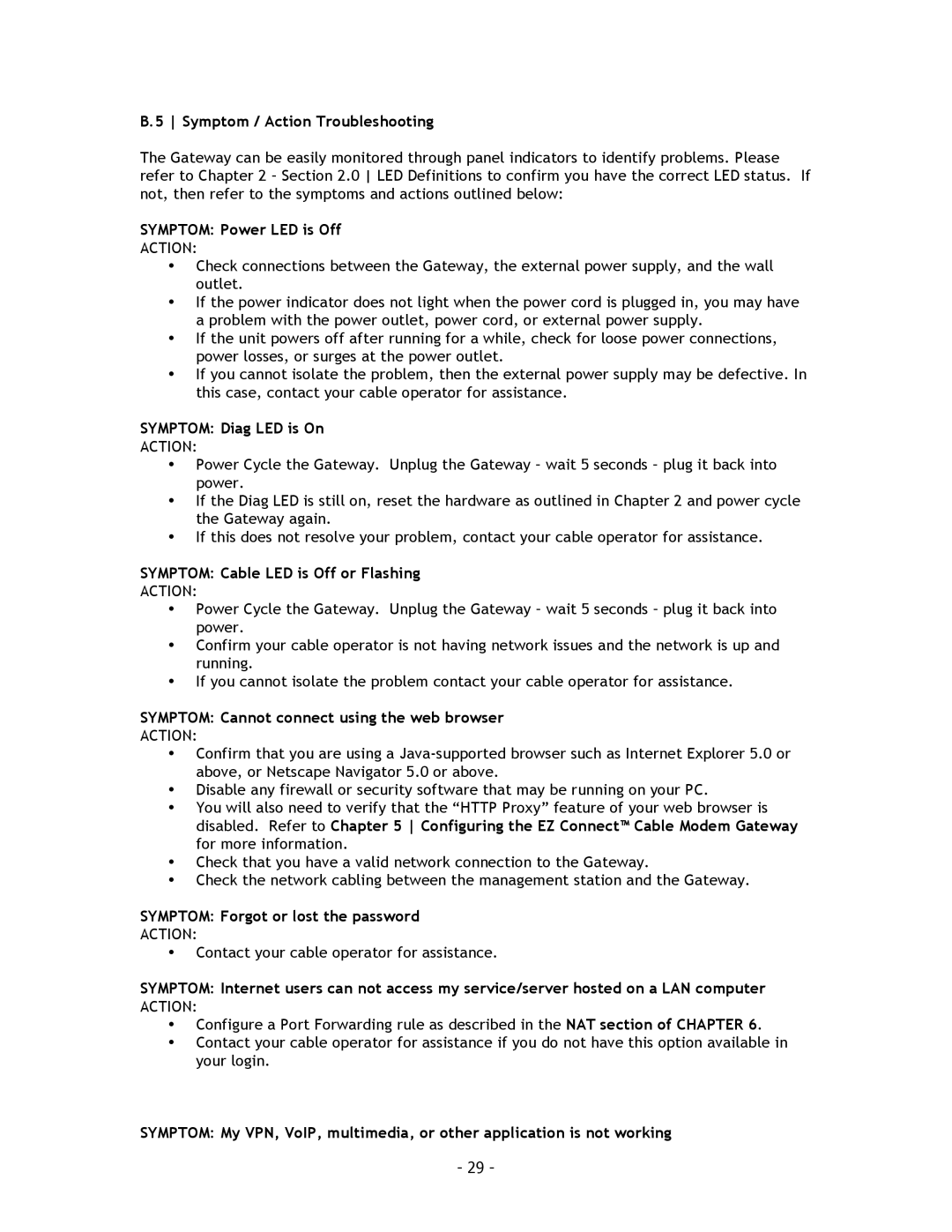 SMC Networks SMC8014 manual Symptom / Action Troubleshooting, Symptom Power LED is Off, Symptom Diag LED is On 