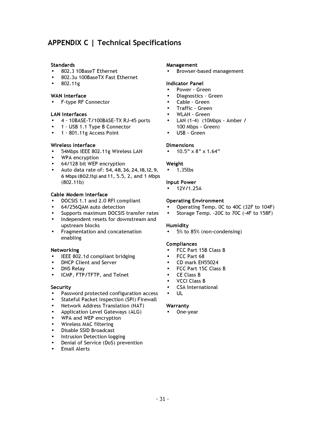 SMC Networks SMC8014 manual Appendix C Technical Specifications 