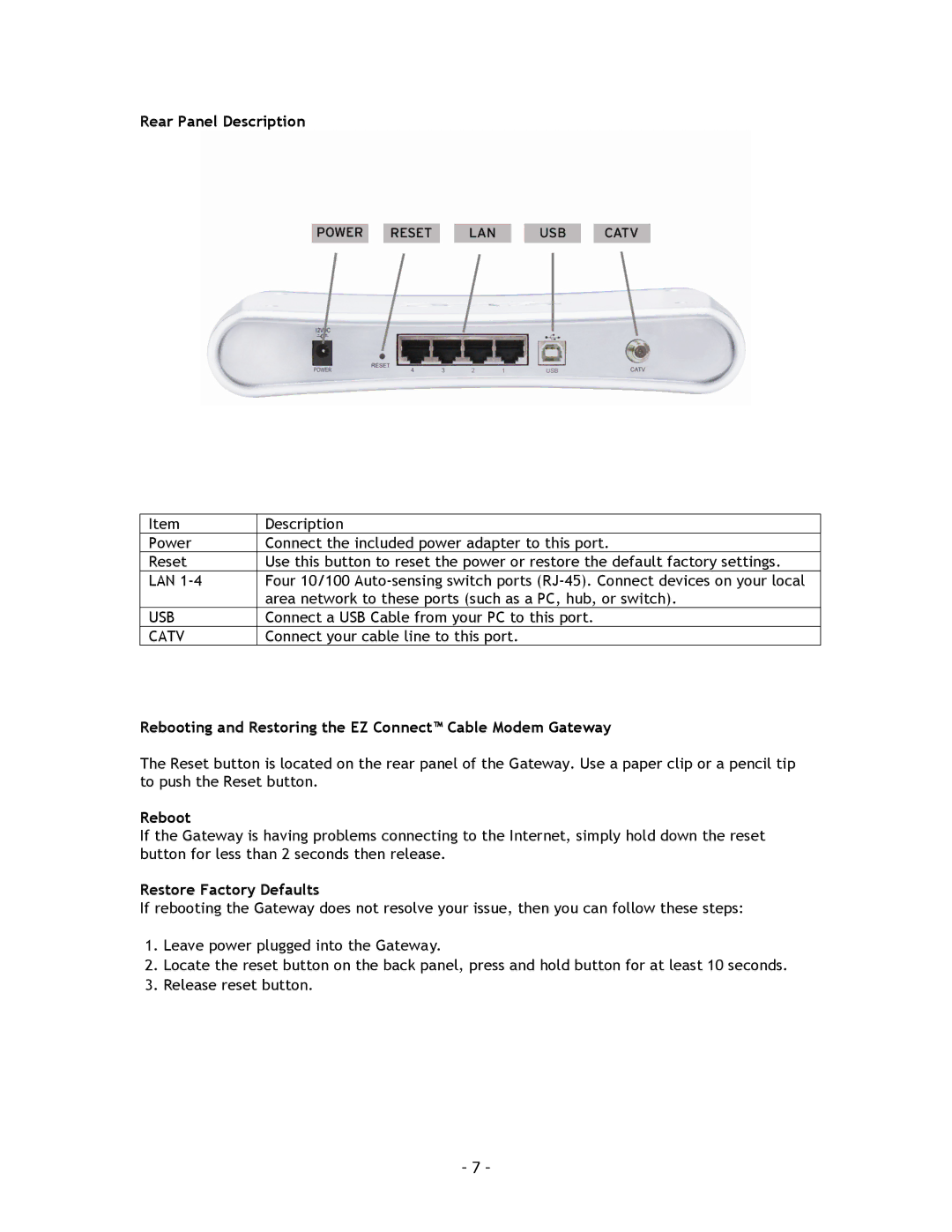 SMC Networks SMC8014 manual Rear Panel Description, Rebooting and Restoring the EZ Connect Cable Modem Gateway 