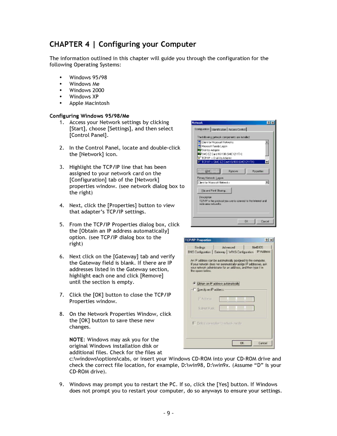 SMC Networks SMC8014 manual Configuring your Computer, Configuring Windows 95/98/Me 