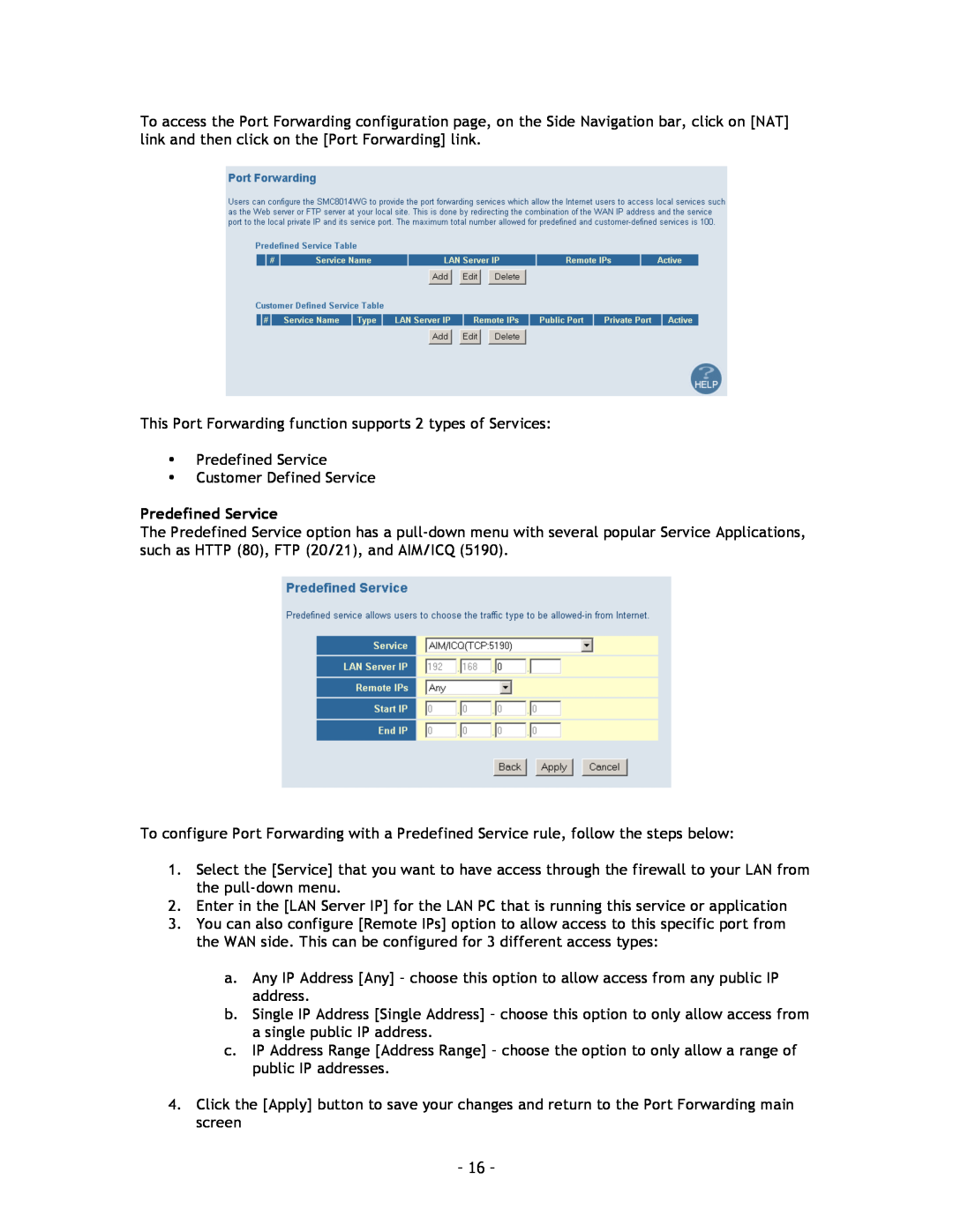 SMC Networks SMC8014 manual Predefined Service 