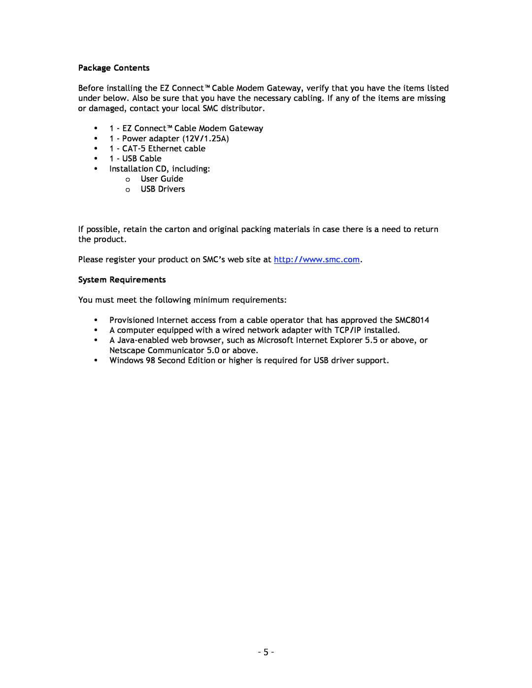 SMC Networks SMC8014 manual Package Contents, System Requirements 