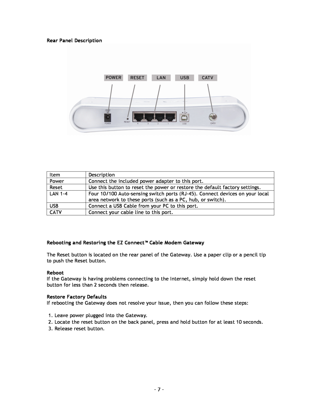 SMC Networks SMC8014 manual Rear Panel Description, Rebooting and Restoring the EZ Connect Cable Modem Gateway 