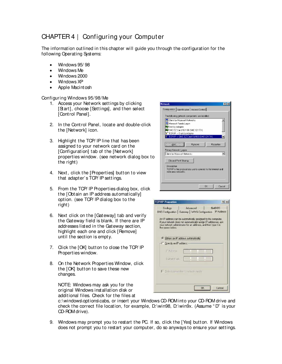 SMC Networks SMC8014W-G manual Configuring your Computer, Configuring Windows 95/98/Me 