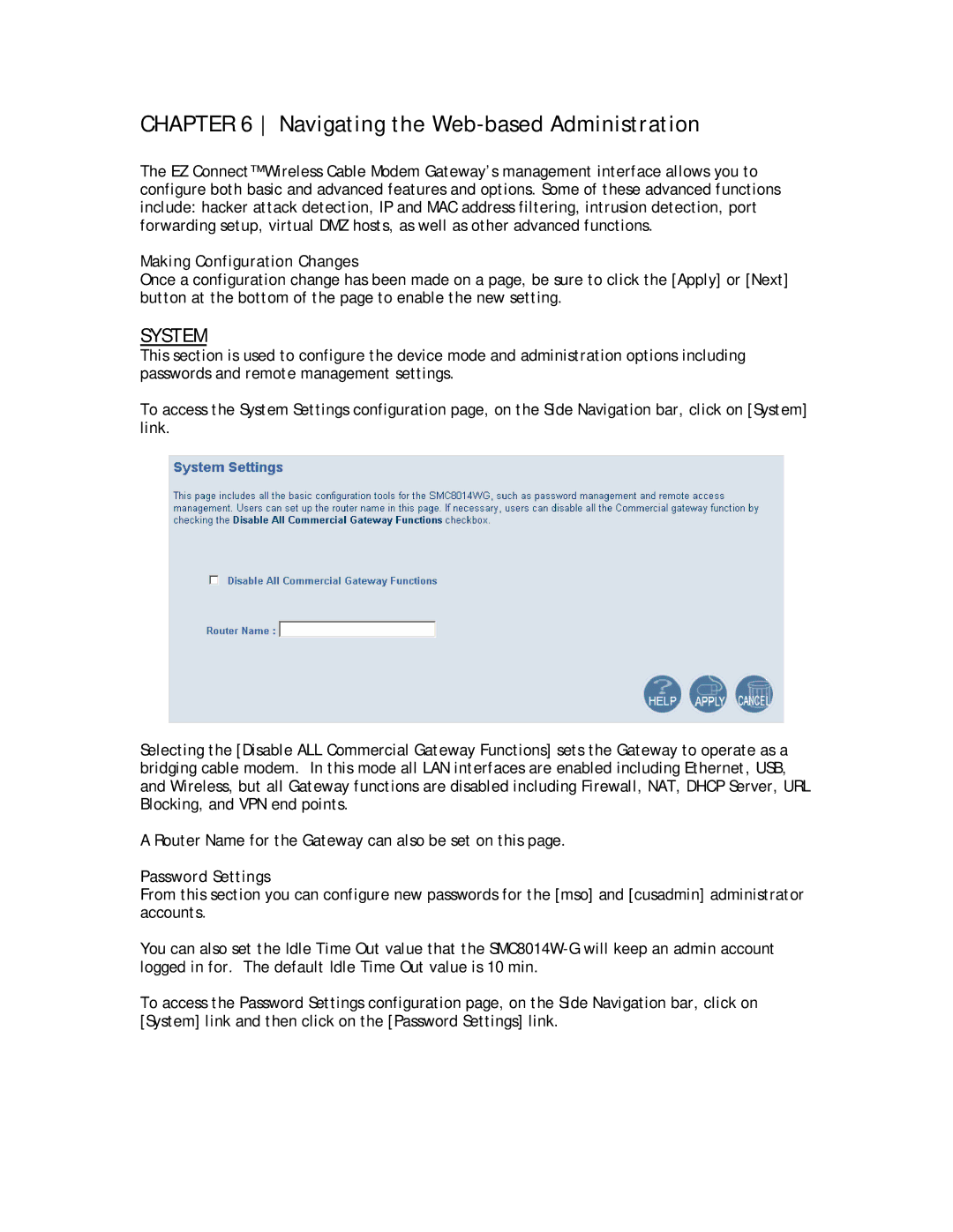 SMC Networks SMC8014W-G Navigating the Web-based Administration, System, Making Configuration Changes, Password Settings 