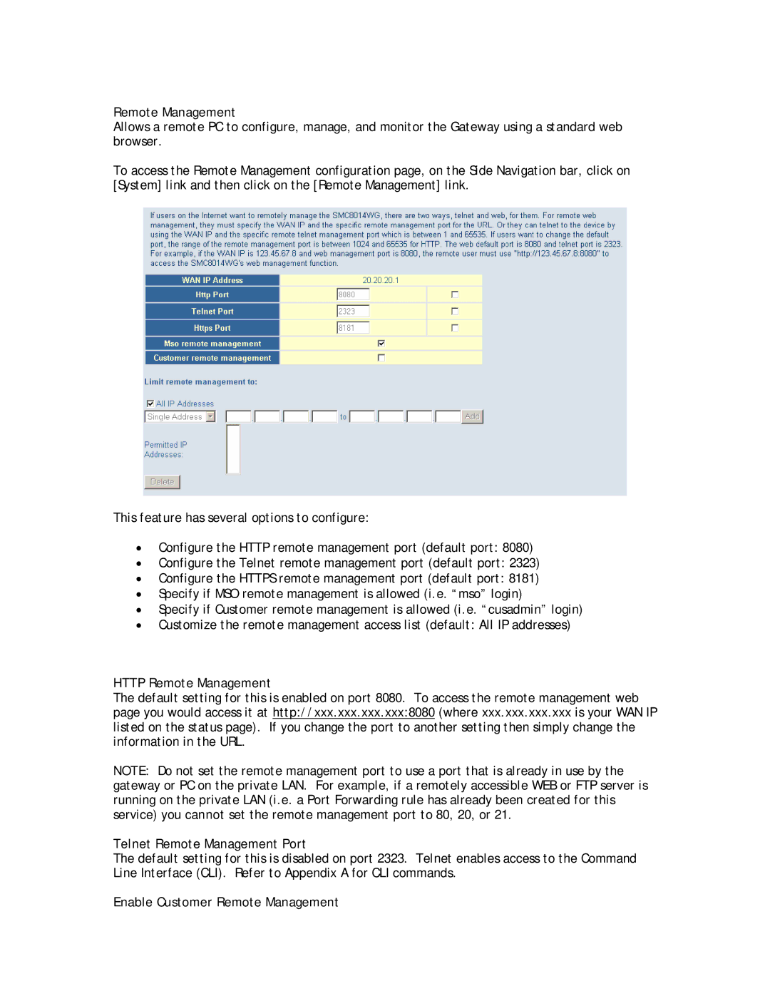 SMC Networks SMC8014W-G manual Http Remote Management, Telnet Remote Management Port, Enable Customer Remote Management 