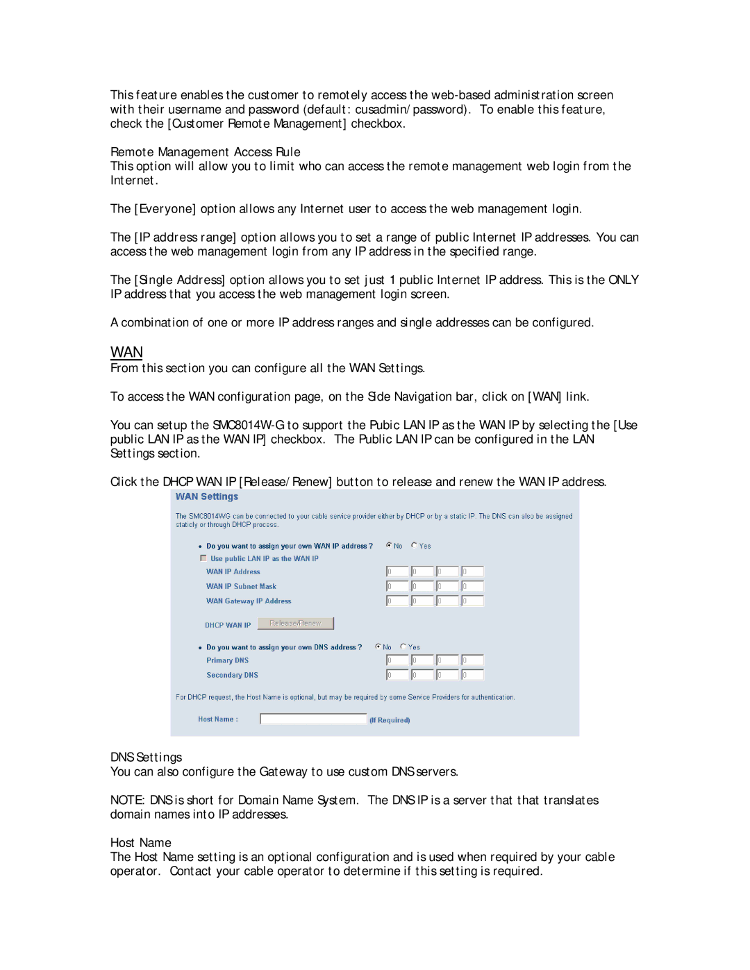 SMC Networks SMC8014W-G manual Wan, Remote Management Access Rule, DNS Settings, Host Name 