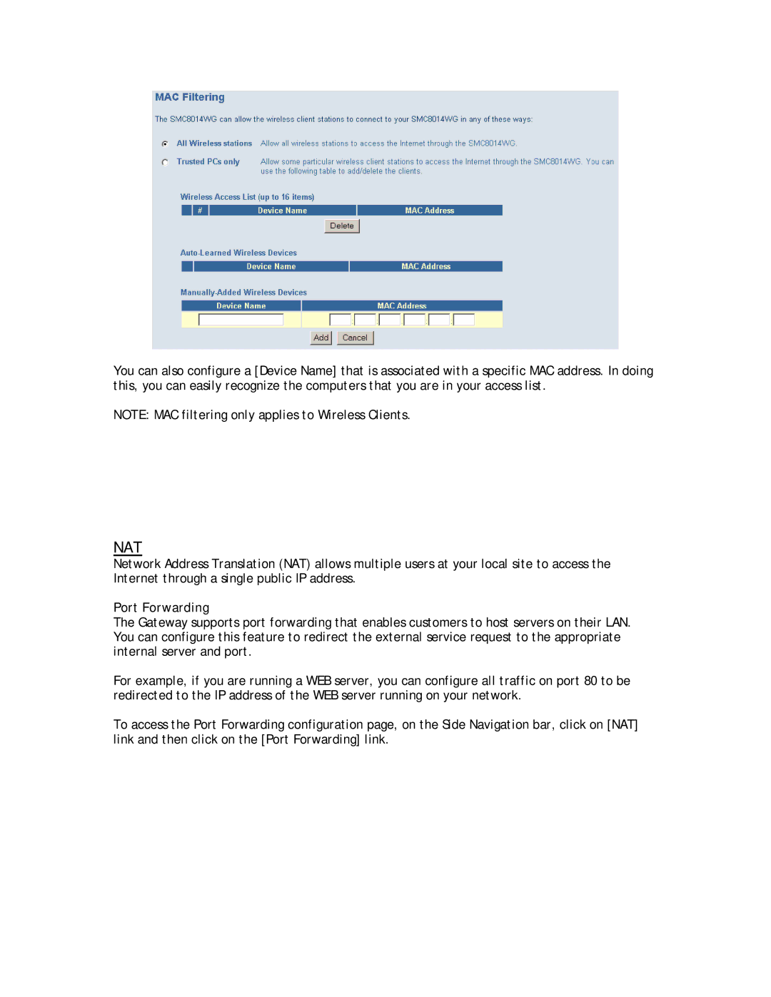 SMC Networks SMC8014W-G manual Nat, Port Forwarding 