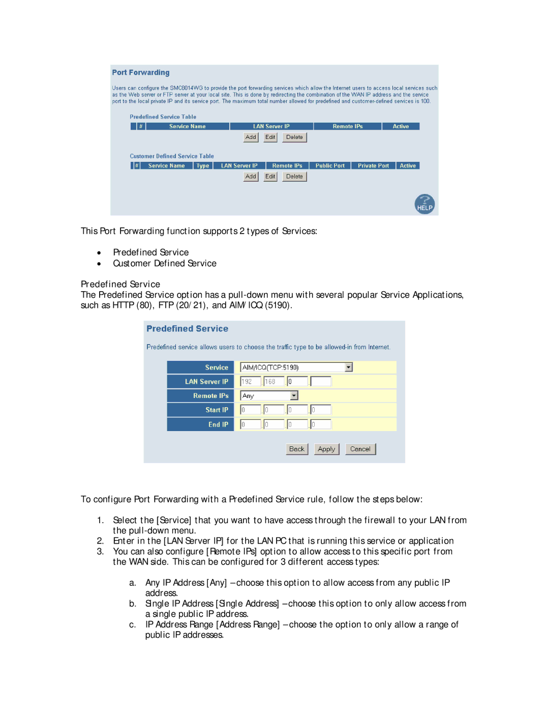 SMC Networks SMC8014W-G manual Predefined Service 