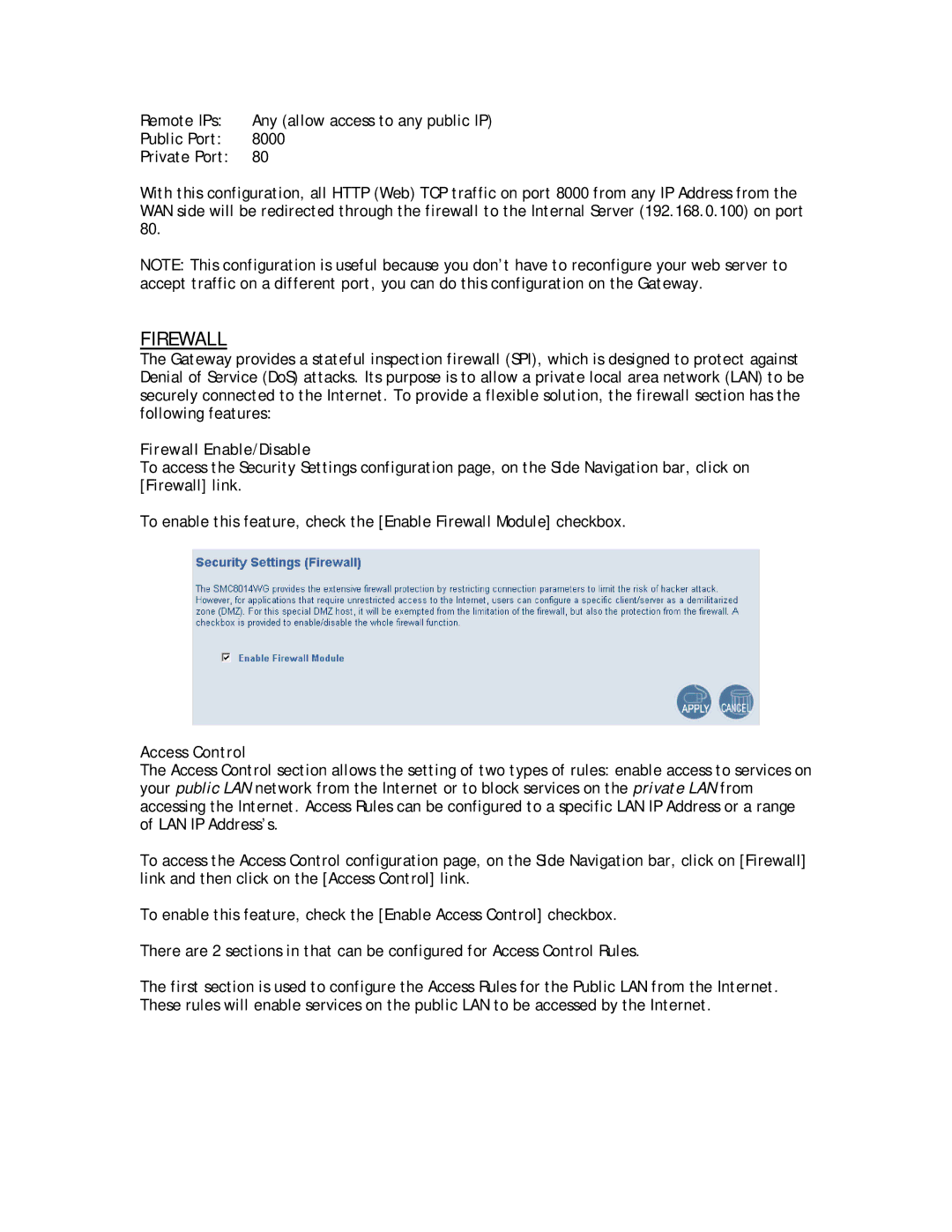 SMC Networks SMC8014W-G manual Firewall Enable/Disable, Access Control 