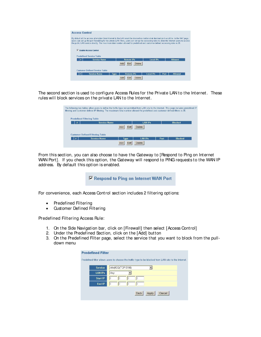 SMC Networks SMC8014W-G manual Predefined Filtering Access Rule 