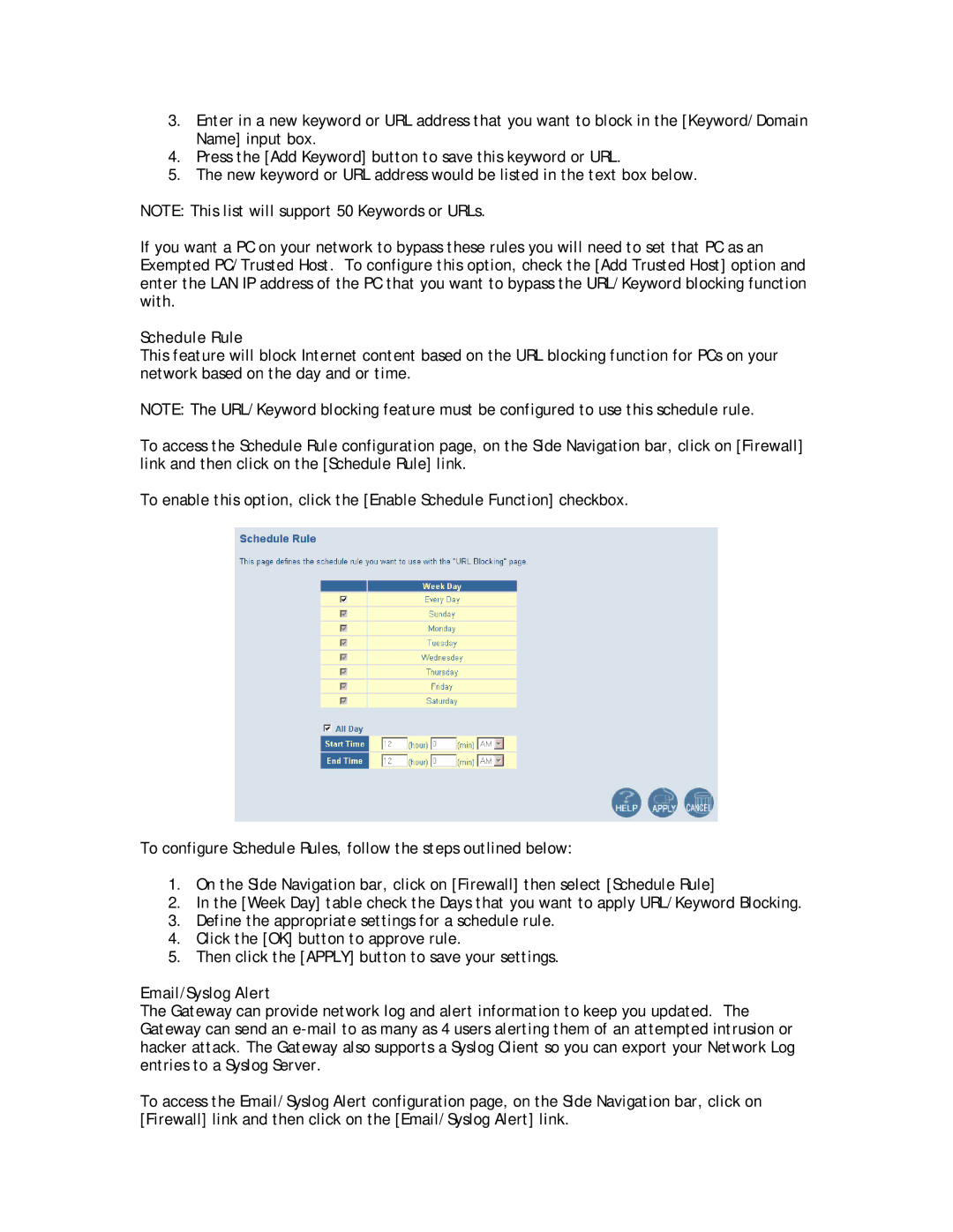 SMC Networks SMC8014W-G manual Schedule Rule, Email/Syslog Alert 