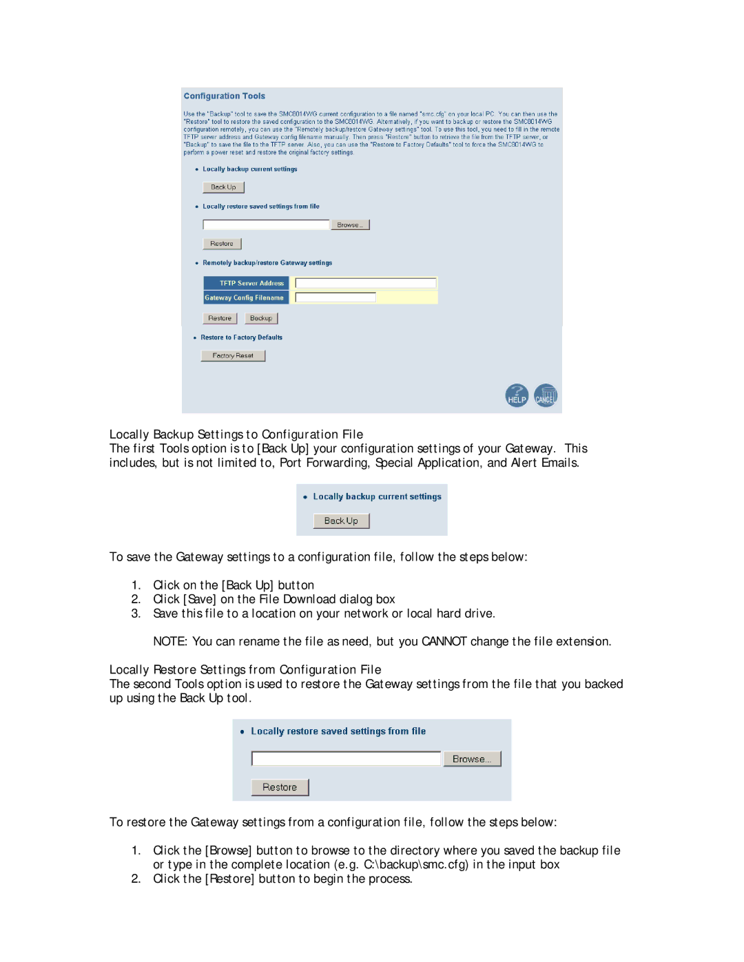 SMC Networks SMC8014W-G Locally Backup Settings to Configuration File, Locally Restore Settings from Configuration File 