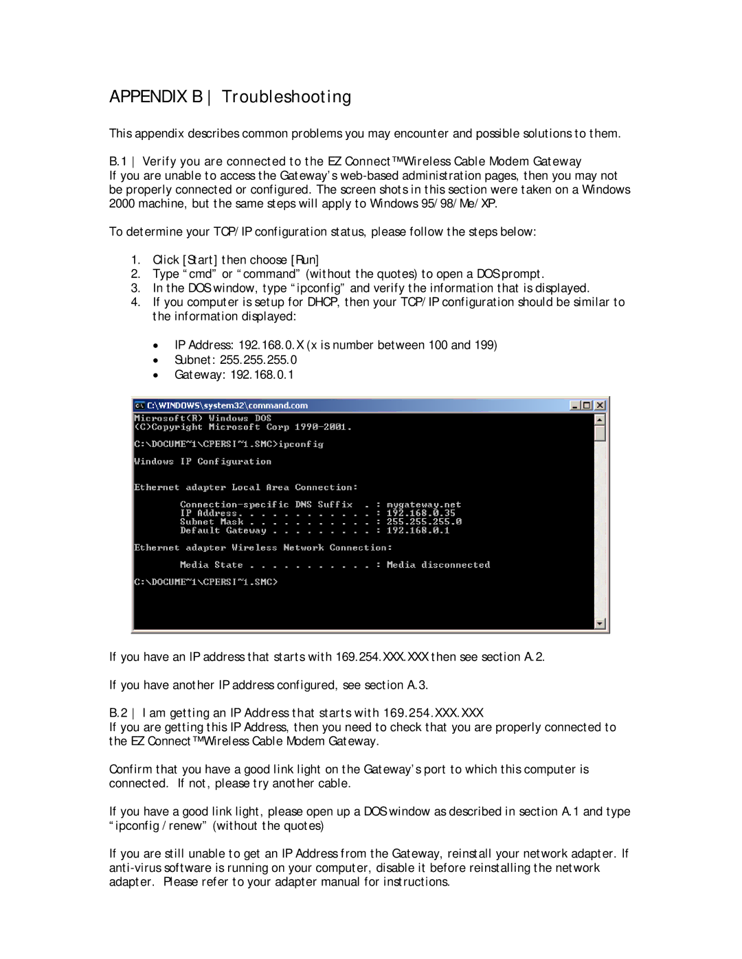 SMC Networks SMC8014W-G manual Appendix B Troubleshooting, Am getting an IP Address that starts with 