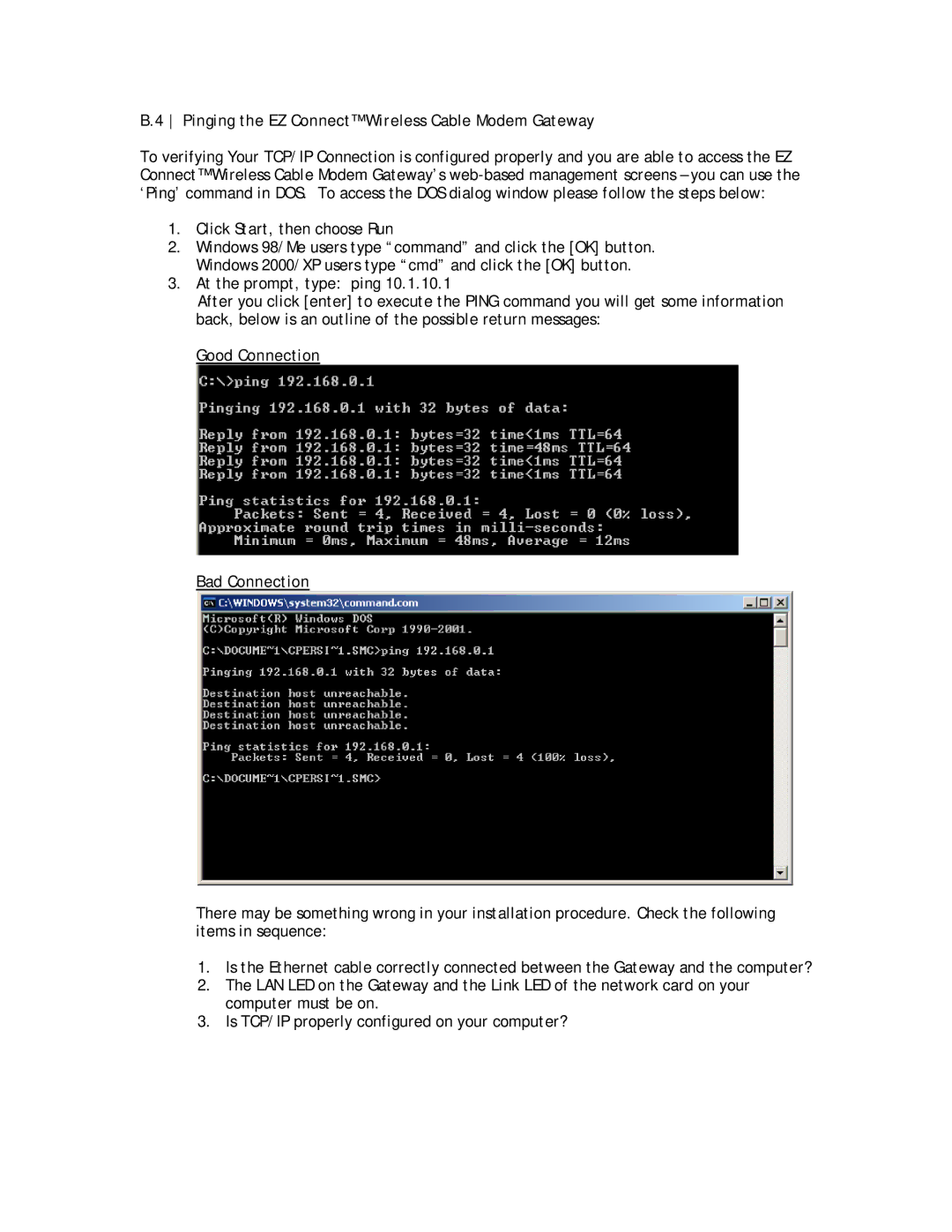 SMC Networks SMC8014W-G manual Pinging the EZ Connect Wireless Cable Modem Gateway, Good Connection Bad Connection 