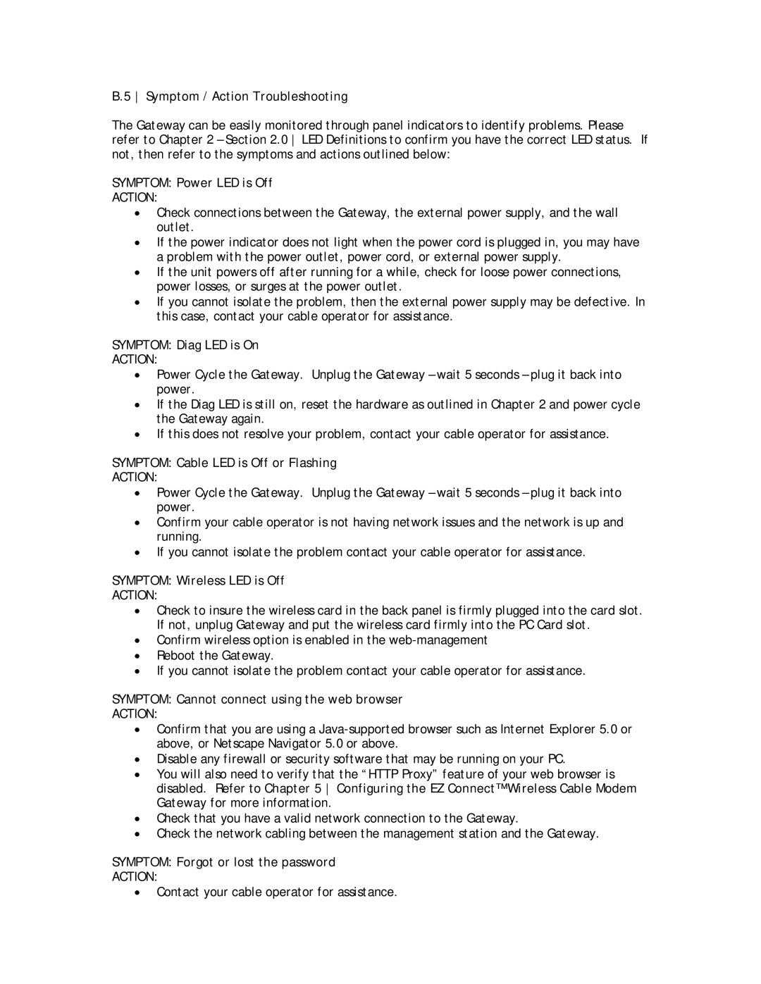 SMC Networks SMC8014W-G manual Symptom / Action Troubleshooting, Symptom Power LED is Off, Symptom Diag LED is On 