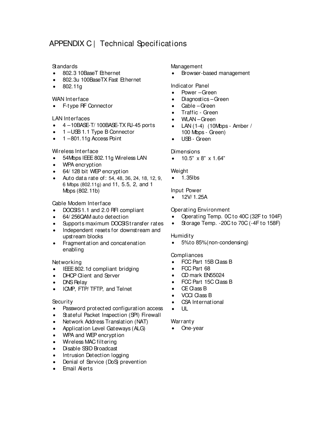 SMC Networks SMC8014W-G manual Appendix C Technical Specifications 