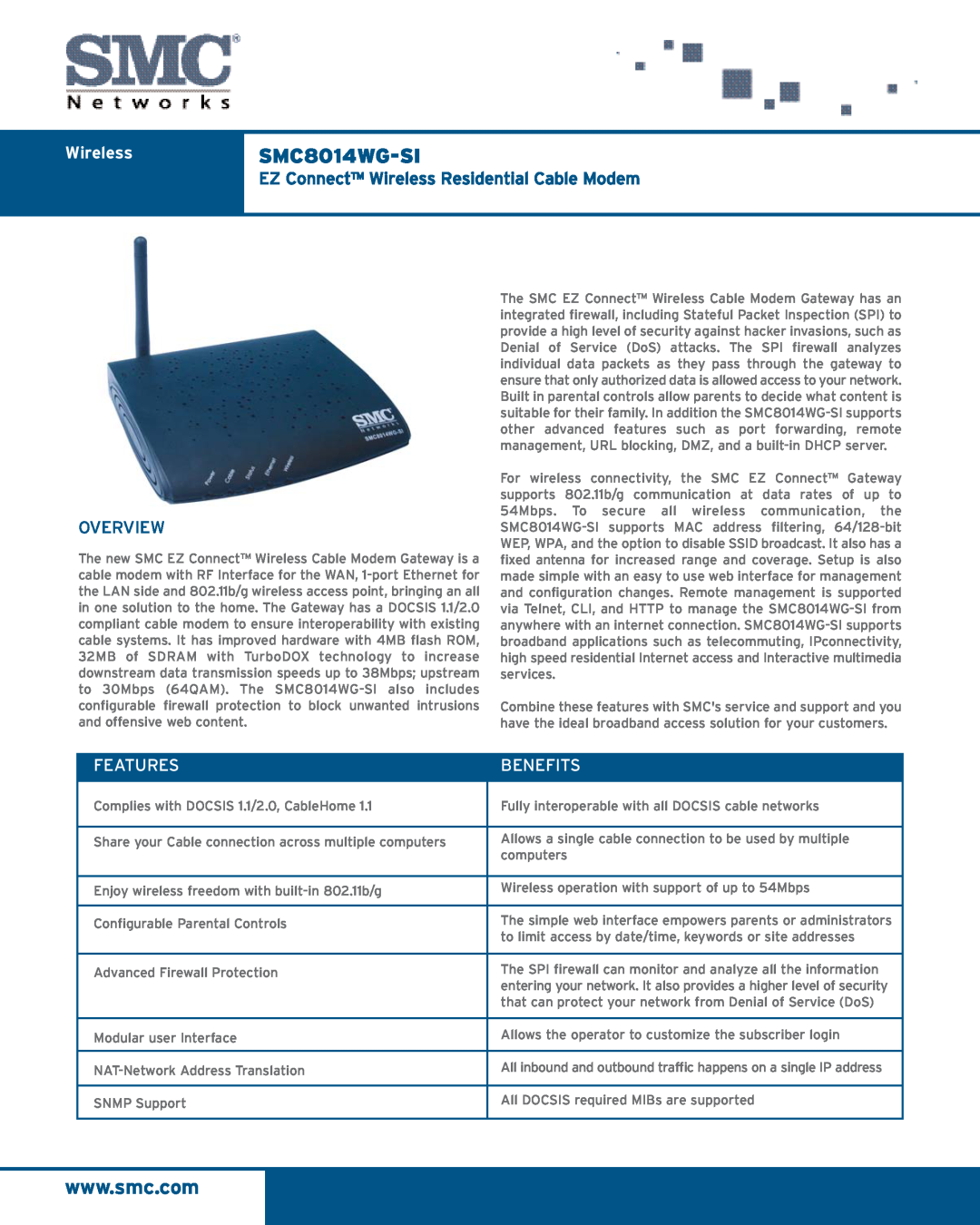 SMC Networks manual WirelessSMC8014WG-SI, EZ Connect Wireless Residential Cable Modem, Overview, Features, Benefits 