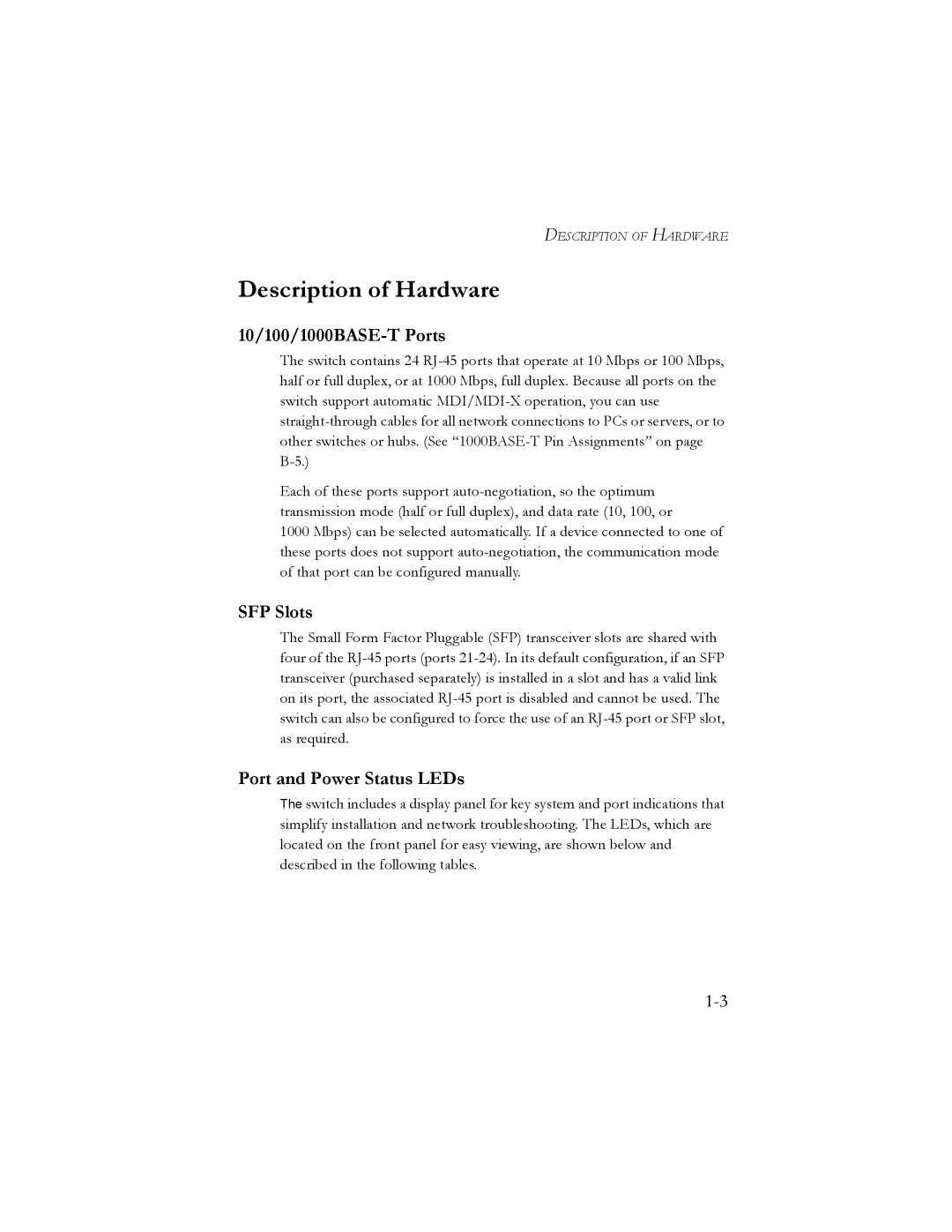 SMC Networks SMC8024L2 manual Description of Hardware, 10/100/1000BASE-T Ports, SFP Slots, Port and Power Status LEDs 