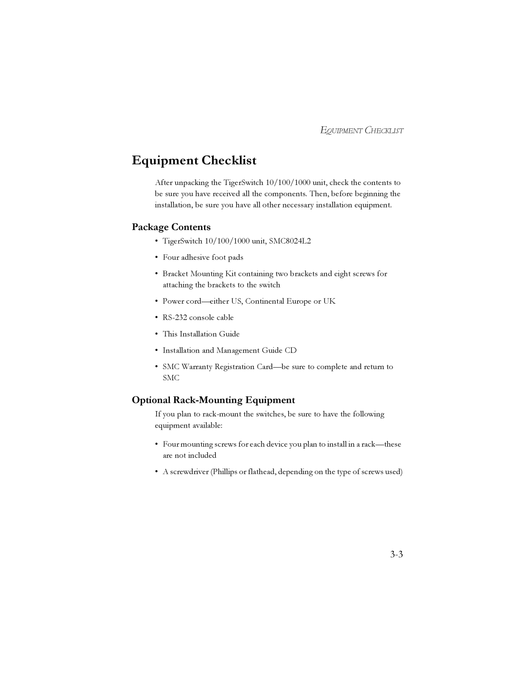 SMC Networks SMC8024L2 manual Equipment Checklist, Package Contents, Optional Rack-Mounting Equipment 