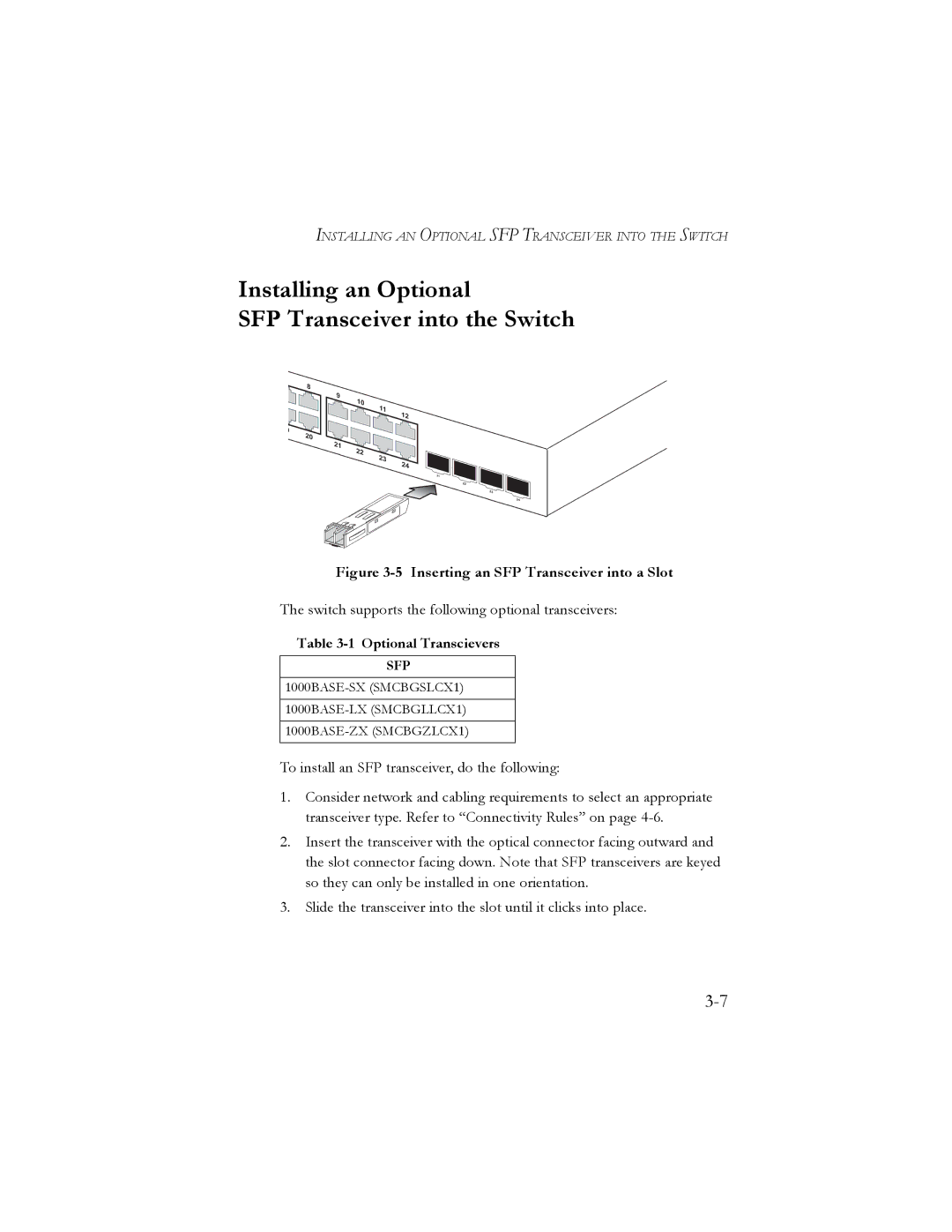 SMC Networks SMC8024L2 manual Installing an Optional SFP Transceiver into the Switch, Optional Transcievers 