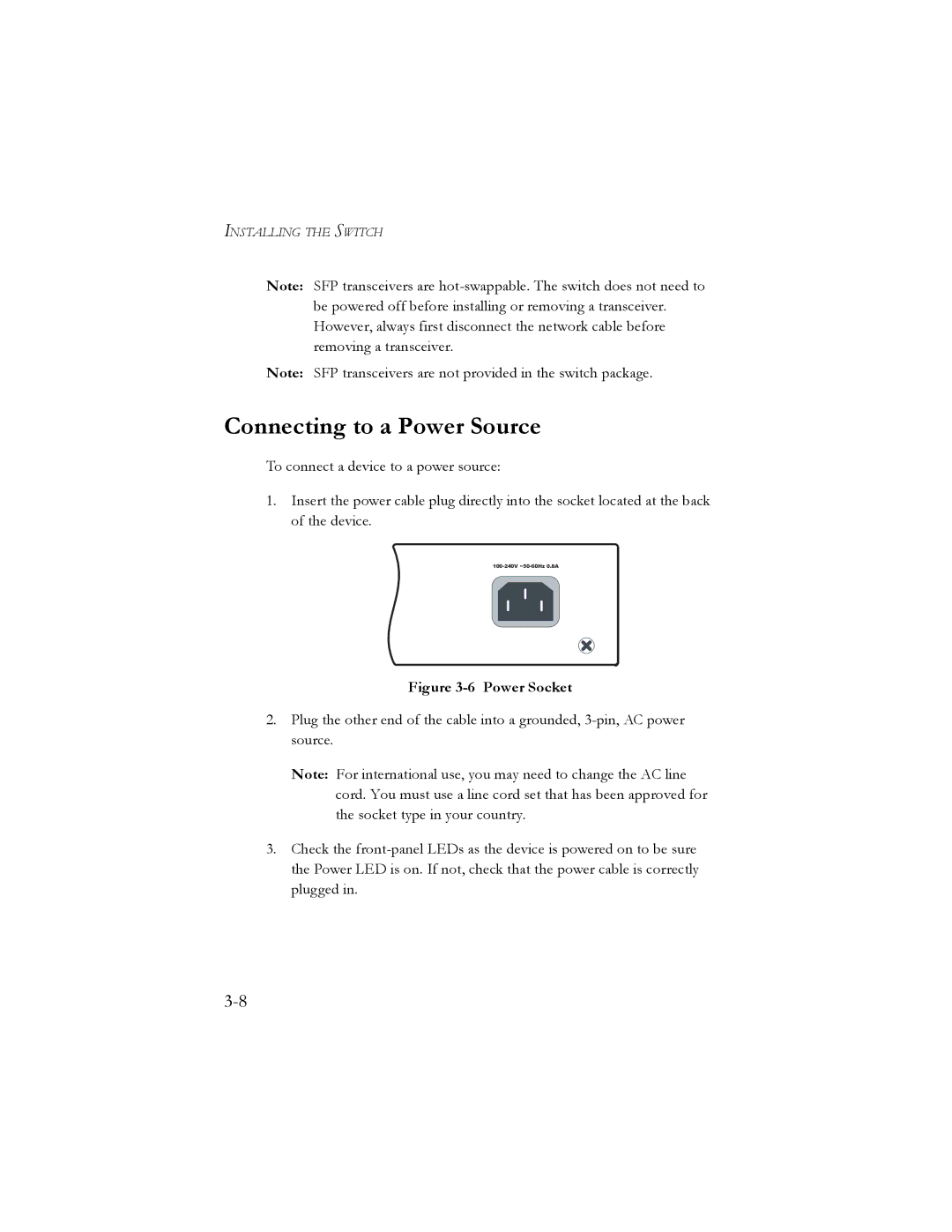 SMC Networks SMC8024L2 manual Connecting to a Power Source, Power Socket 