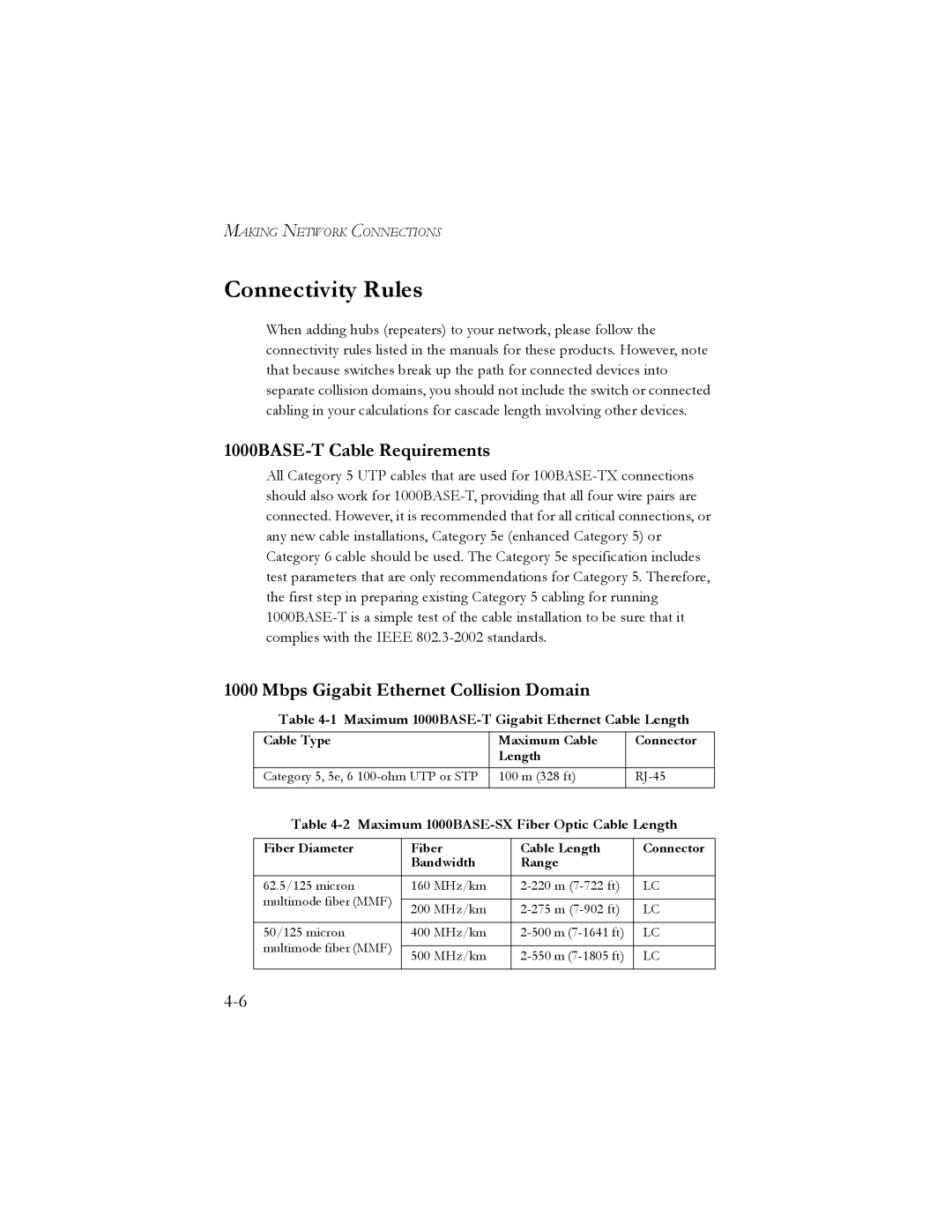 SMC Networks SMC8024L2 manual Connectivity Rules, 1000BASE-T Cable Requirements, Mbps Gigabit Ethernet Collision Domain 