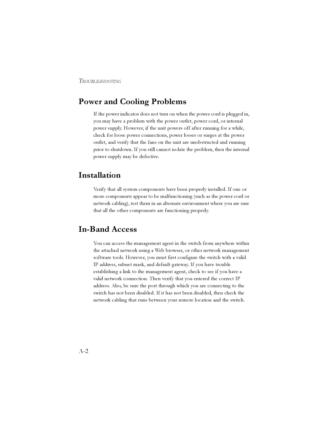 SMC Networks SMC8024L2 manual Power and Cooling Problems, Installation, In-Band Access 