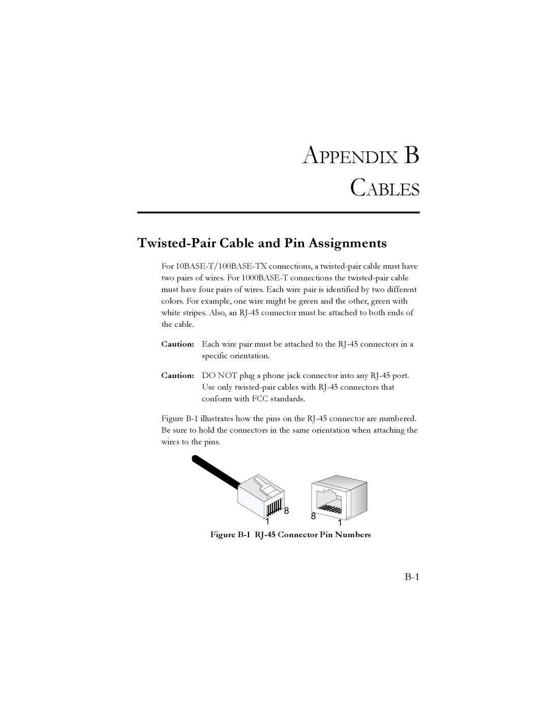 SMC Networks SMC8024L2 manual Appendix B Cables, Twisted-Pair Cable and Pin Assignments 