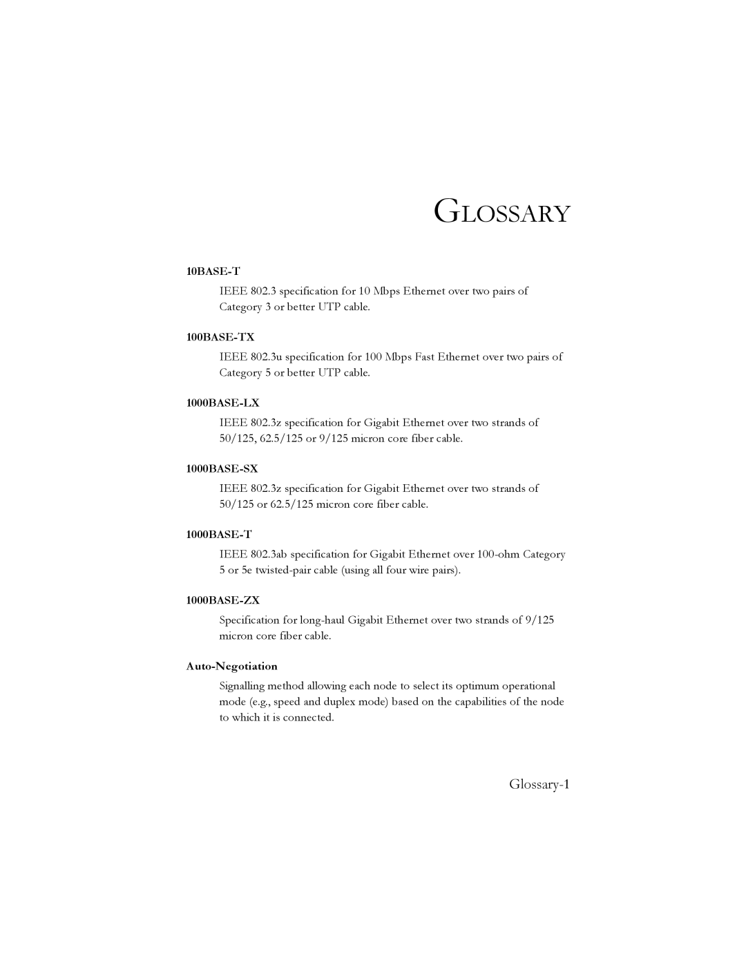 SMC Networks SMC8024L2 manual Glossary-1, 1000BASE-T, Auto-Negotiation 