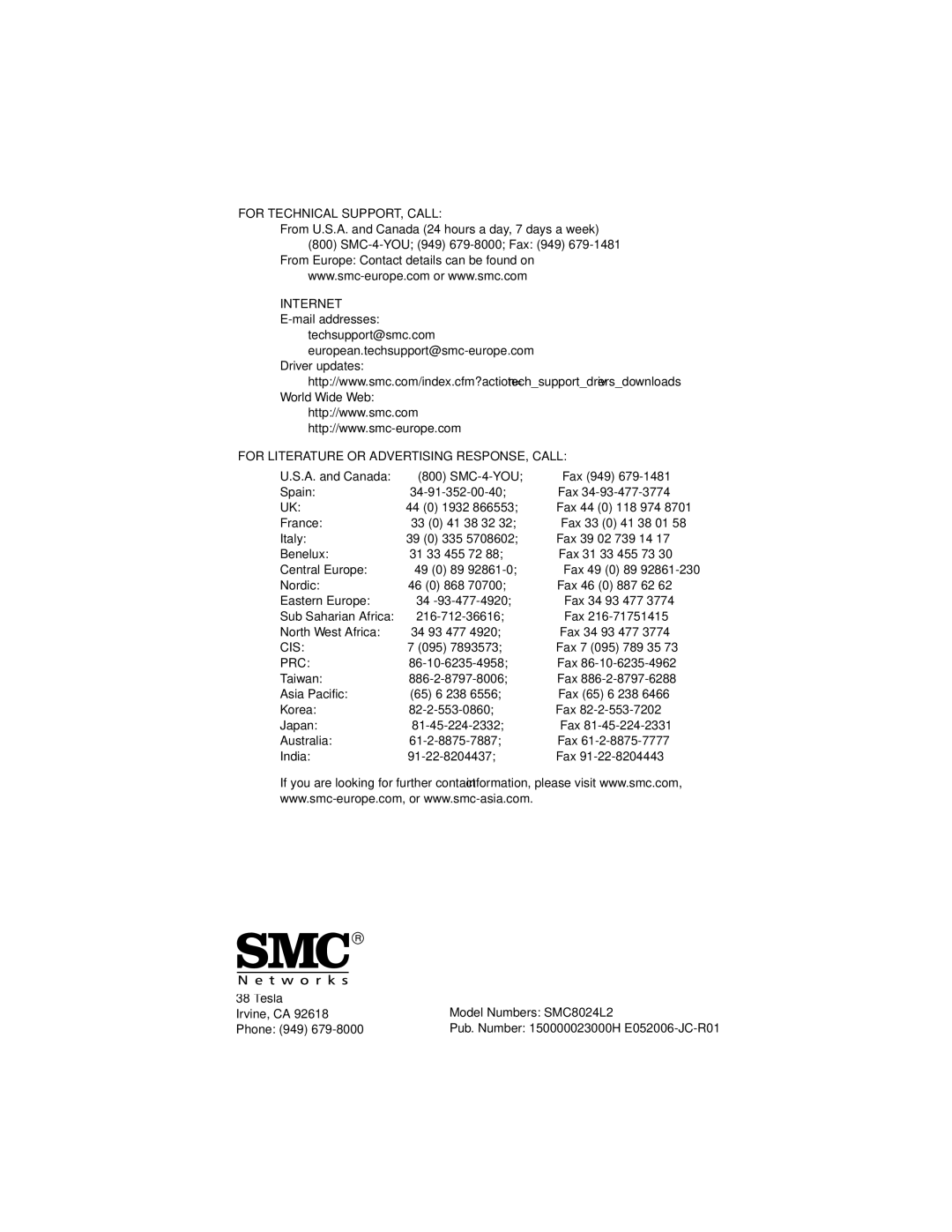 SMC Networks SMC8024L2 manual For Technical SUPPORT, Call 