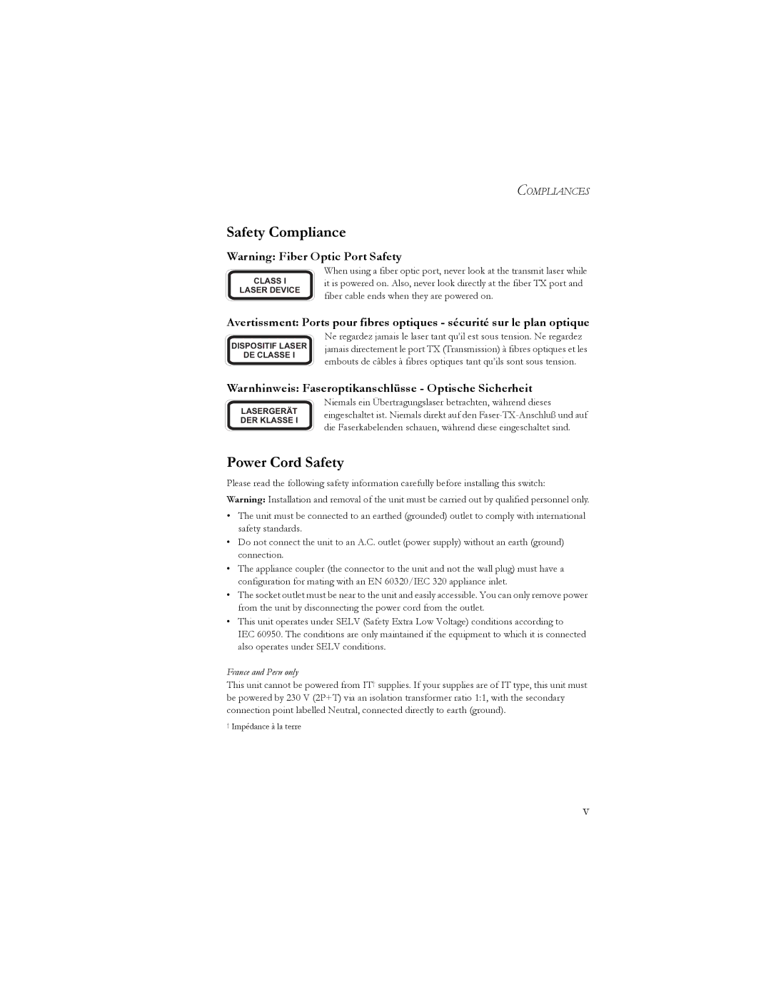 SMC Networks SMC8024L2 manual Safety Compliance, Power Cord Safety, Warnhinweis Faseroptikanschlüsse Optische Sicherheit 