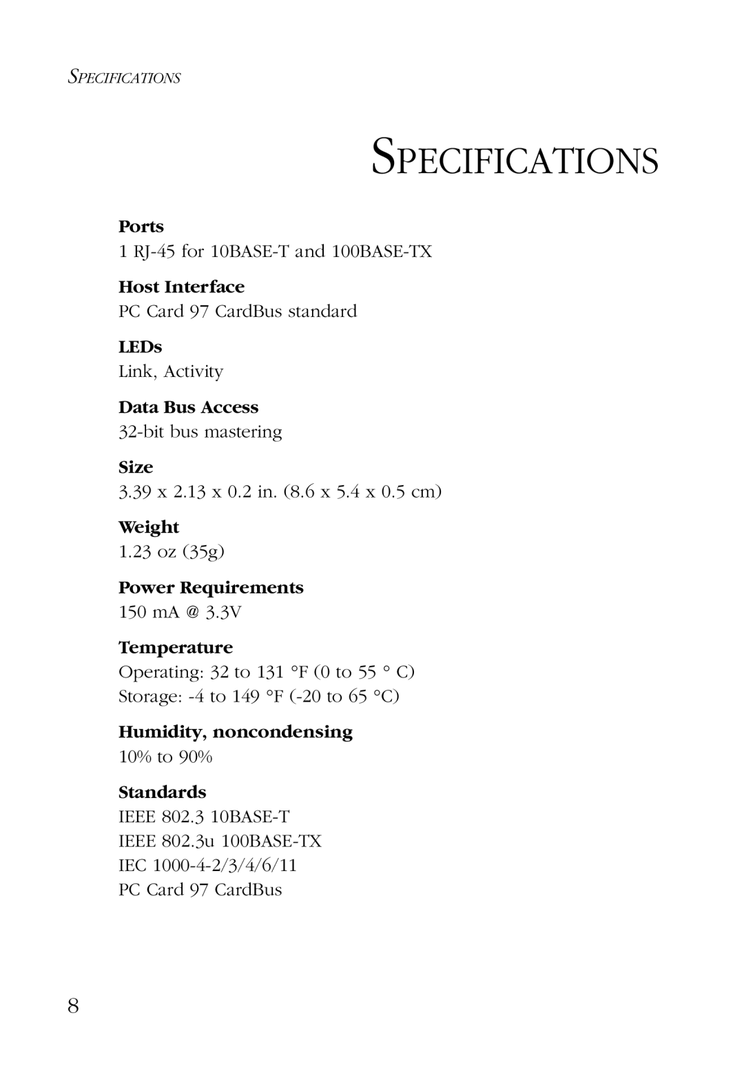 SMC Networks SMC8036TX manual Specifications, Standards 