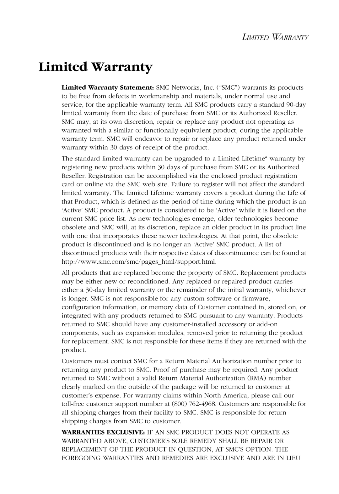 SMC Networks SMC8036TX manual Limited Warranty 