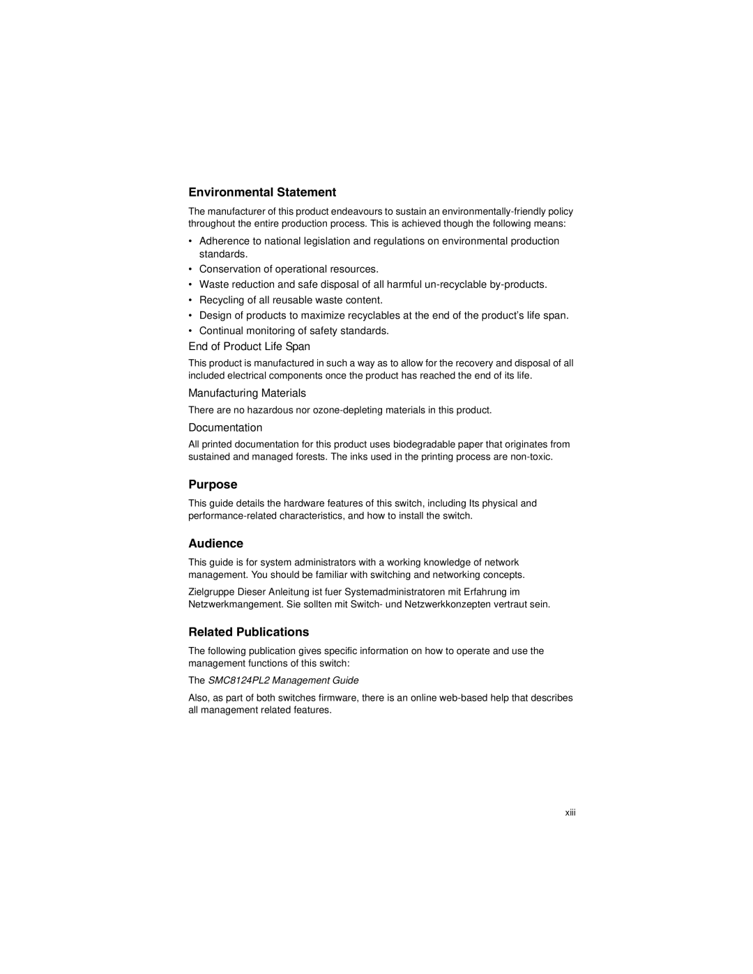 SMC Networks SMC8124PL2 manual End of Product Life Span, Manufacturing Materials, Documentation, Xiii 