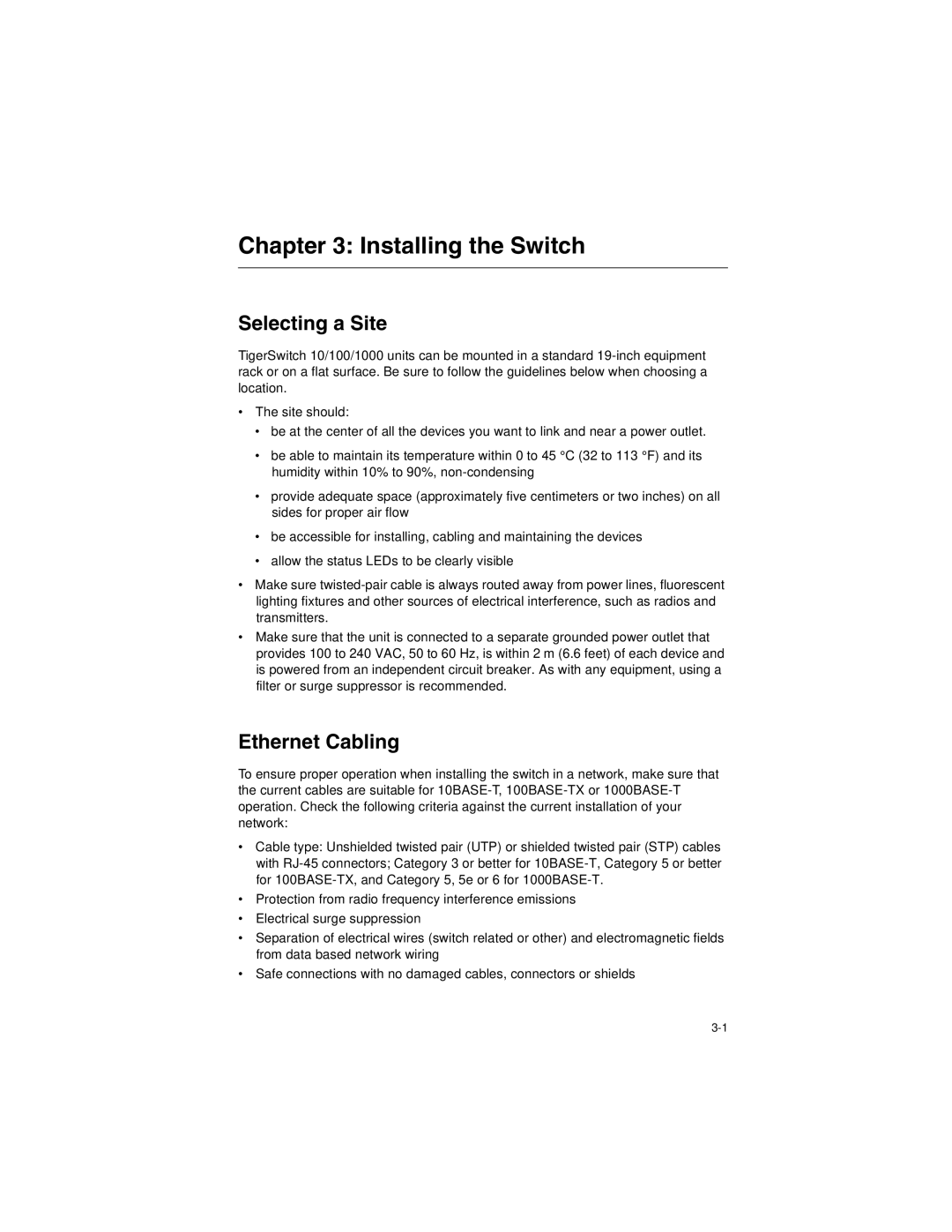 SMC Networks SMC8124PL2 manual Installing the Switch, Selecting a Site, Ethernet Cabling 