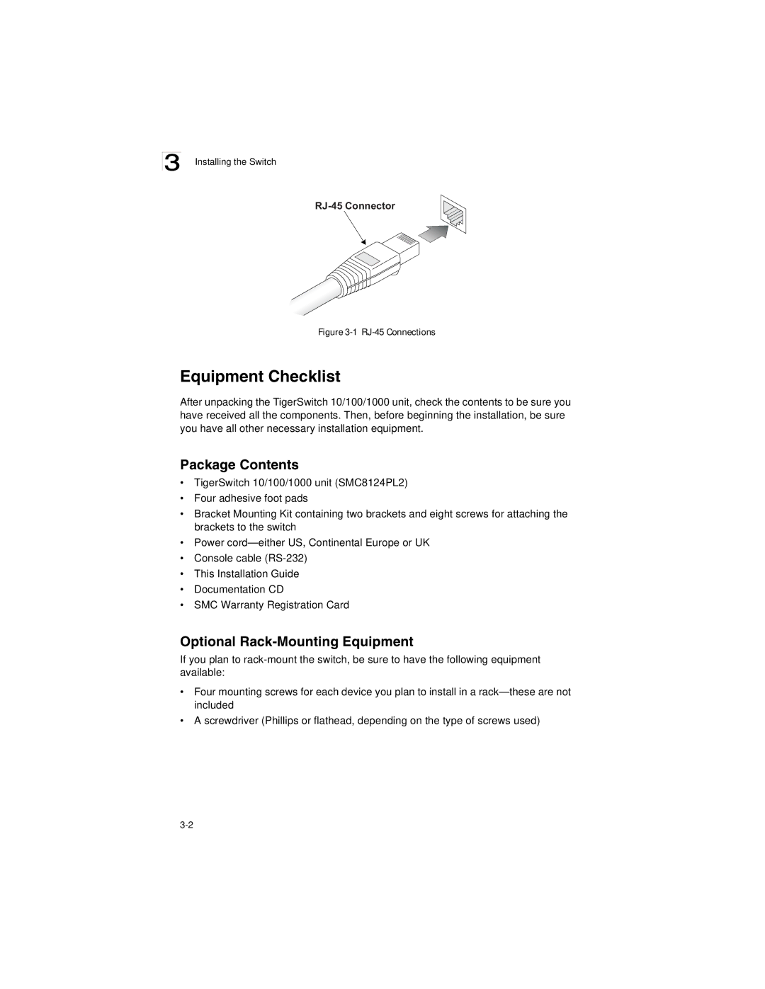 SMC Networks SMC8124PL2 manual Equipment Checklist, Package Contents, Optional Rack-Mounting Equipment 