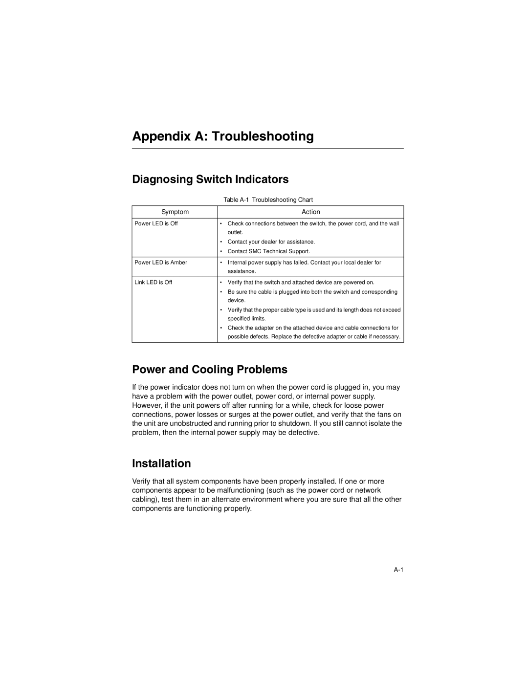 SMC Networks SMC8124PL2 Appendix a Troubleshooting, Diagnosing Switch Indicators, Power and Cooling Problems, Installation 