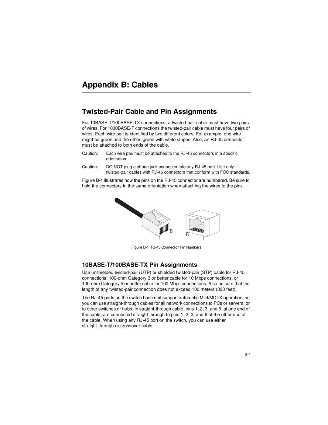 SMC Networks SMC8124PL2 Appendix B Cables, Twisted-Pair Cable and Pin Assignments, 10BASE-T/100BASE-TX Pin Assignments 