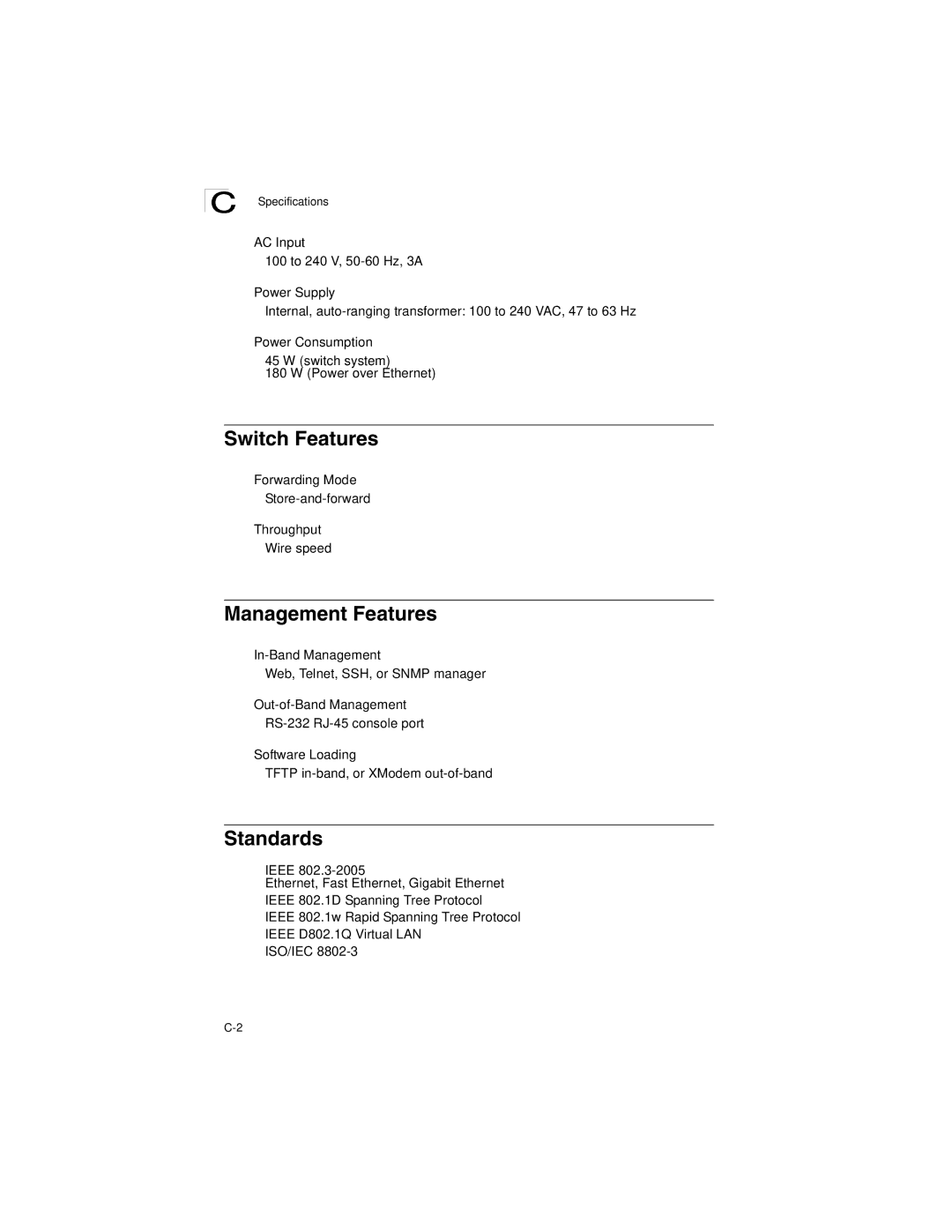 SMC Networks SMC8124PL2 manual Switch Features, Management Features, Standards, Specifications 