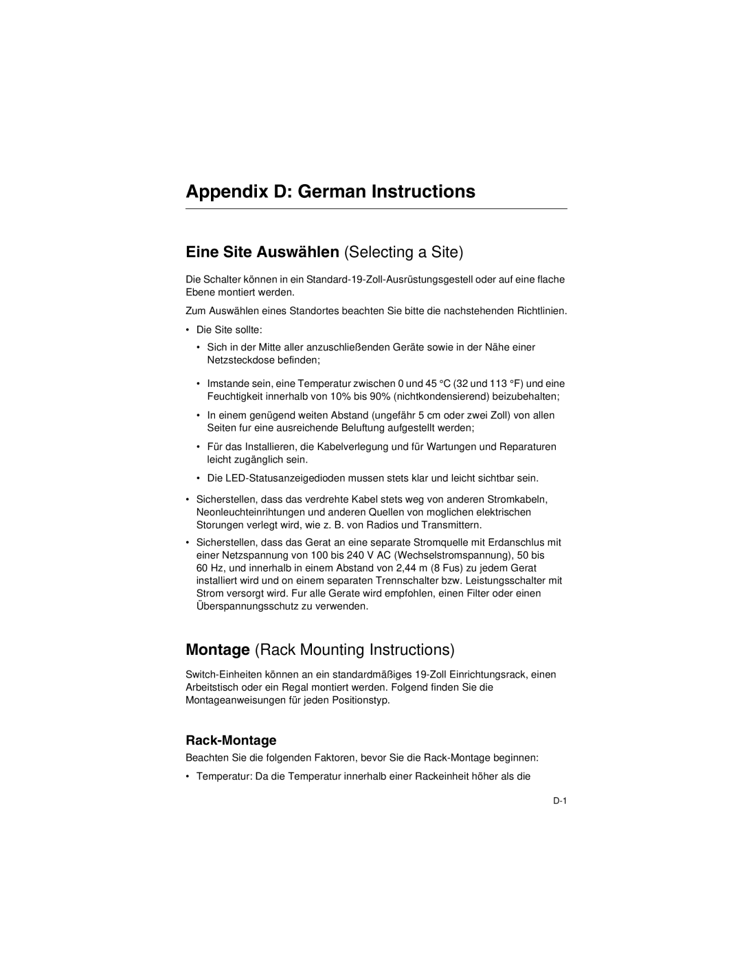 SMC Networks SMC8124PL2 manual Appendix D German Instructions, Eine Site Auswählen Selecting a Site, Rack-Montage 