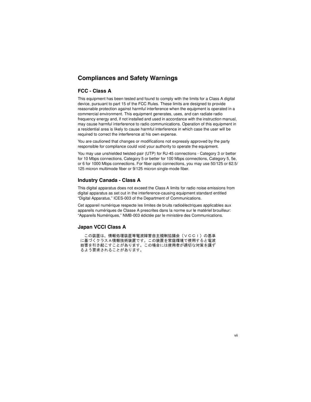 SMC Networks SMC8124PL2 manual Compliances and Safety Warnings, Vii 