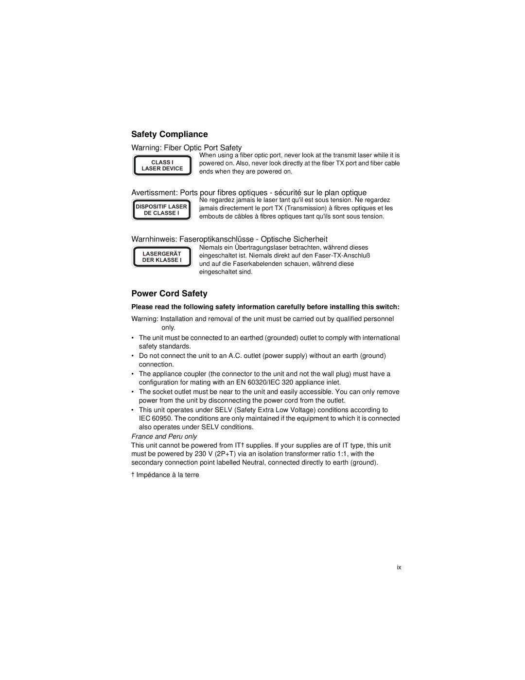 SMC Networks SMC8124PL2 manual Safety Compliance, Warnhinweis Faseroptikanschlüsse Optische Sicherheit 