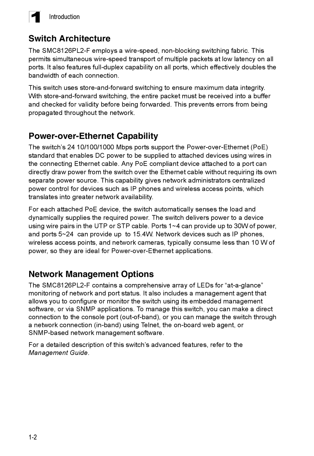 SMC Networks SMC8126PL2-F manual Switch Architecture, Power-over-Ethernet Capability, Network Management Options 