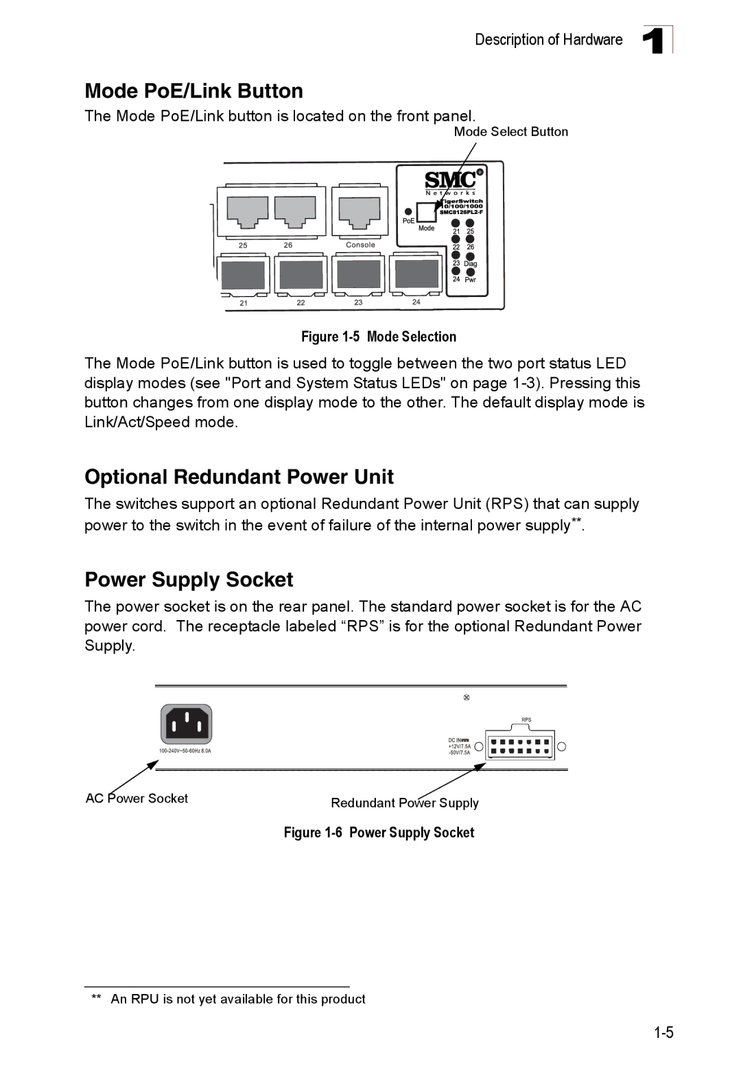 SMC Networks SMC8126PL2-F manual Mode PoE/Link Button, Optional Redundant Power Unit, Power Supply Socket 