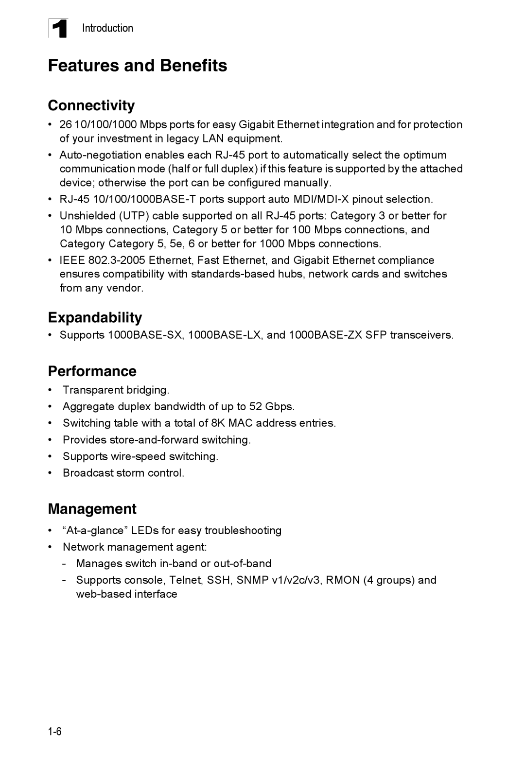 SMC Networks SMC8126PL2-F manual Features and Benefits, Connectivity, Expandability, Performance, Management 