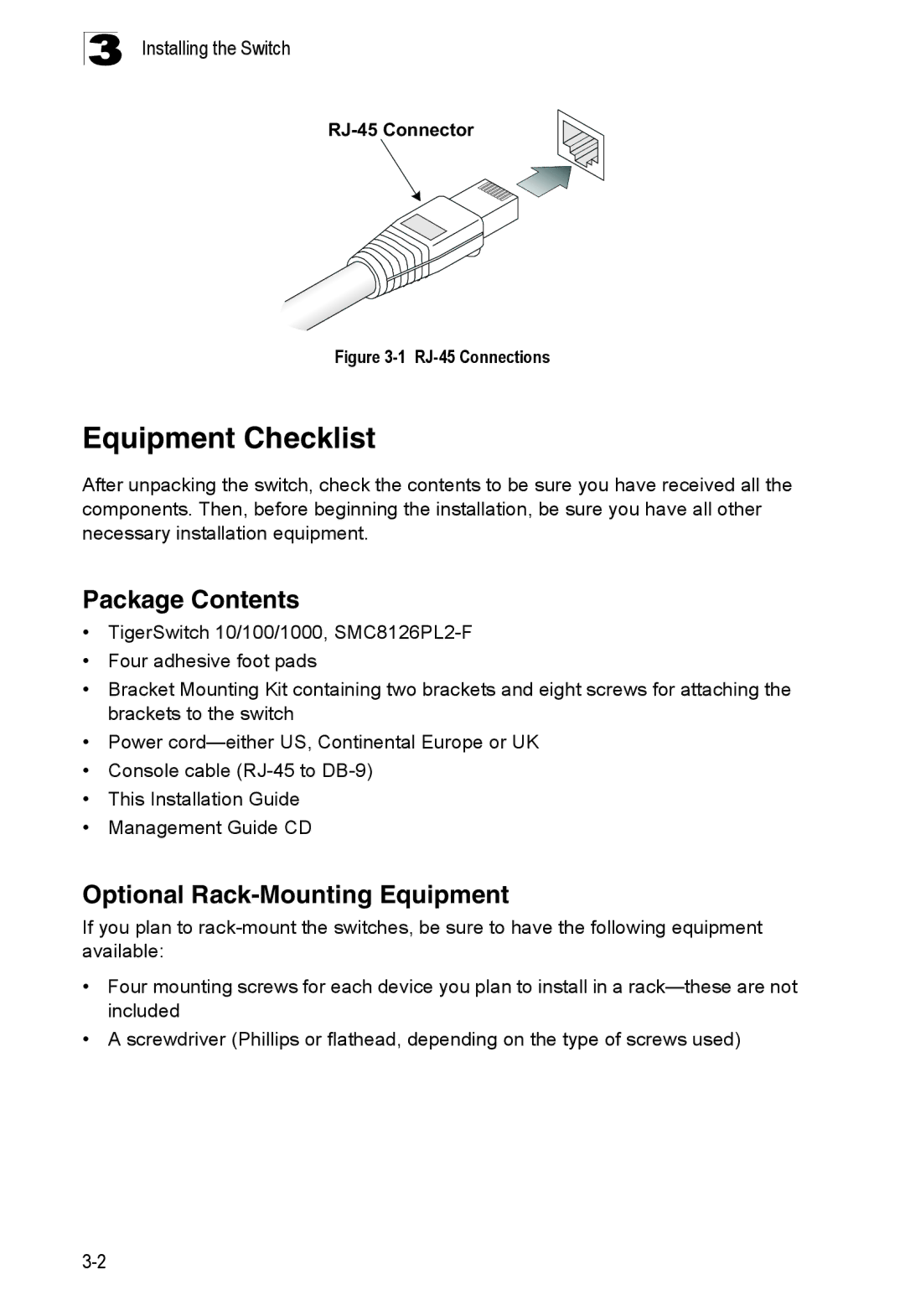 SMC Networks SMC8126PL2-F manual Equipment Checklist, Package Contents, Optional Rack-Mounting Equipment 