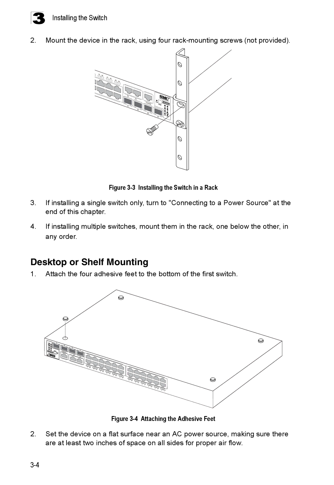 SMC Networks SMC8126PL2-F manual Desktop or Shelf Mounting, Installing the Switch in a Rack 