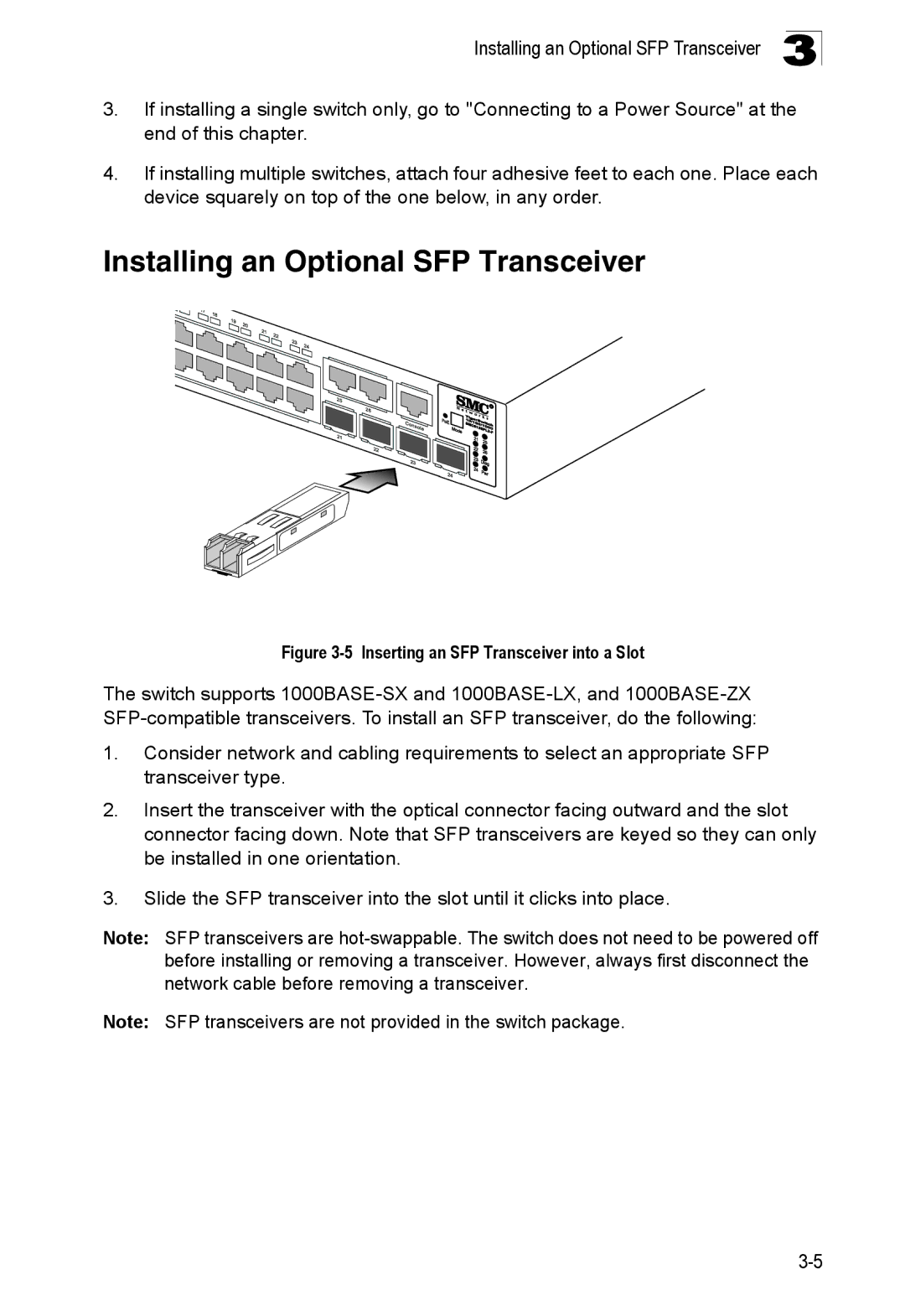 SMC Networks SMC8126PL2-F manual Installing an Optional SFP Transceiver, Inserting an SFP Transceiver into a Slot 