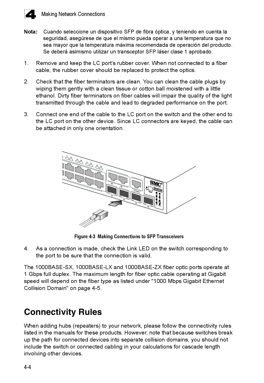 SMC Networks SMC8126PL2-F manual Connectivity Rules, Making Connections to SFP Transceivers 